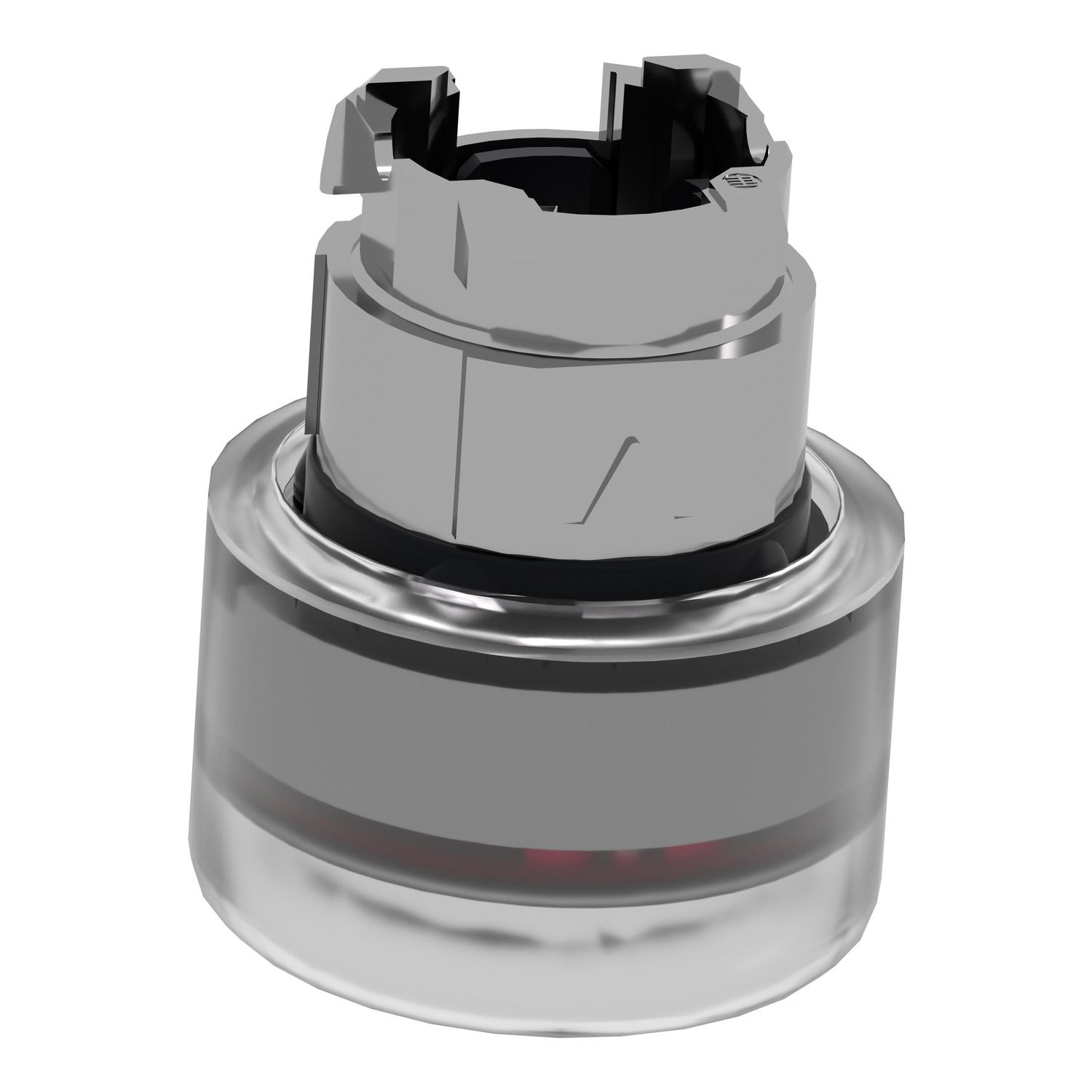 Picture of Head for illuminated push button, Harmony XB4, metal, red flush, 22mm, universal LED, spring return, clear boot, unmarked