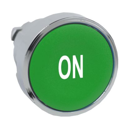Picture of Head for illuminated push button, Harmony XB4, metal, green flush, 22mm, spring return, white marked ON