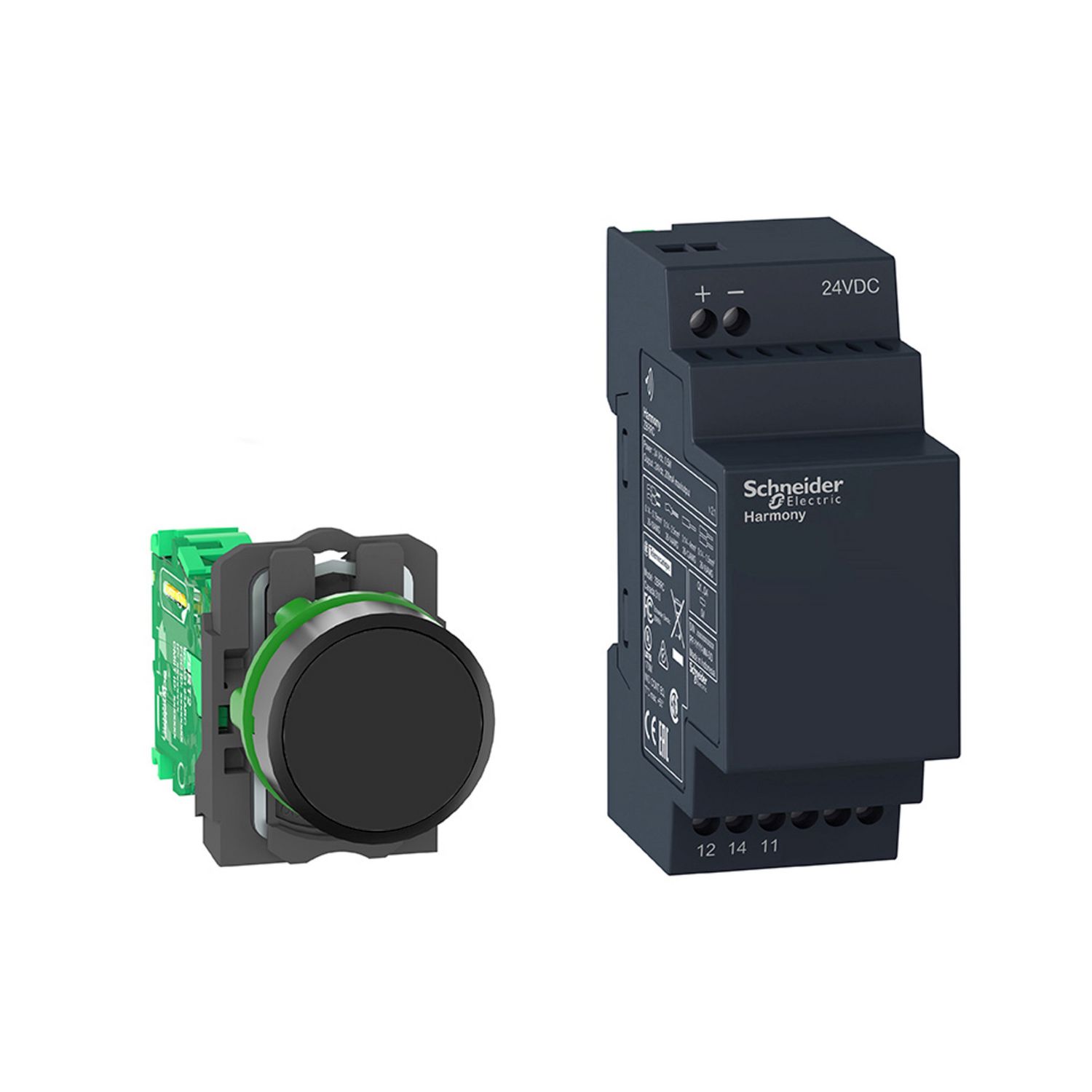 Picture of Wireless push button and non-configurable receiver, Harmony XB5R, plastic, Ø22, with 1 black cap, 24 V DC