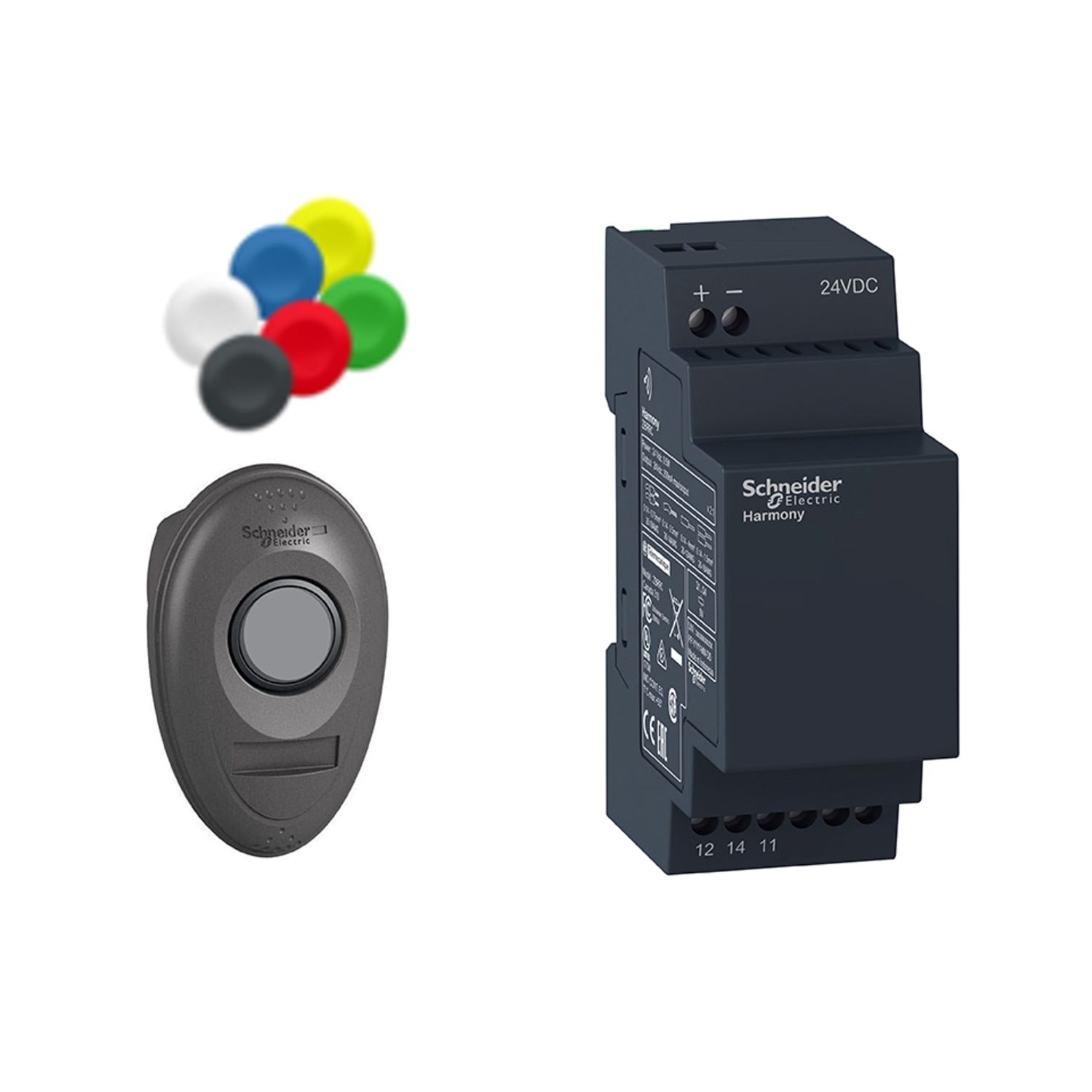 Picture of Pack with 1 wireless and batteryless push button +1 non configurable receiver + 1 set of caps, Harmony XB5, plastic, 22mm, 24V DC