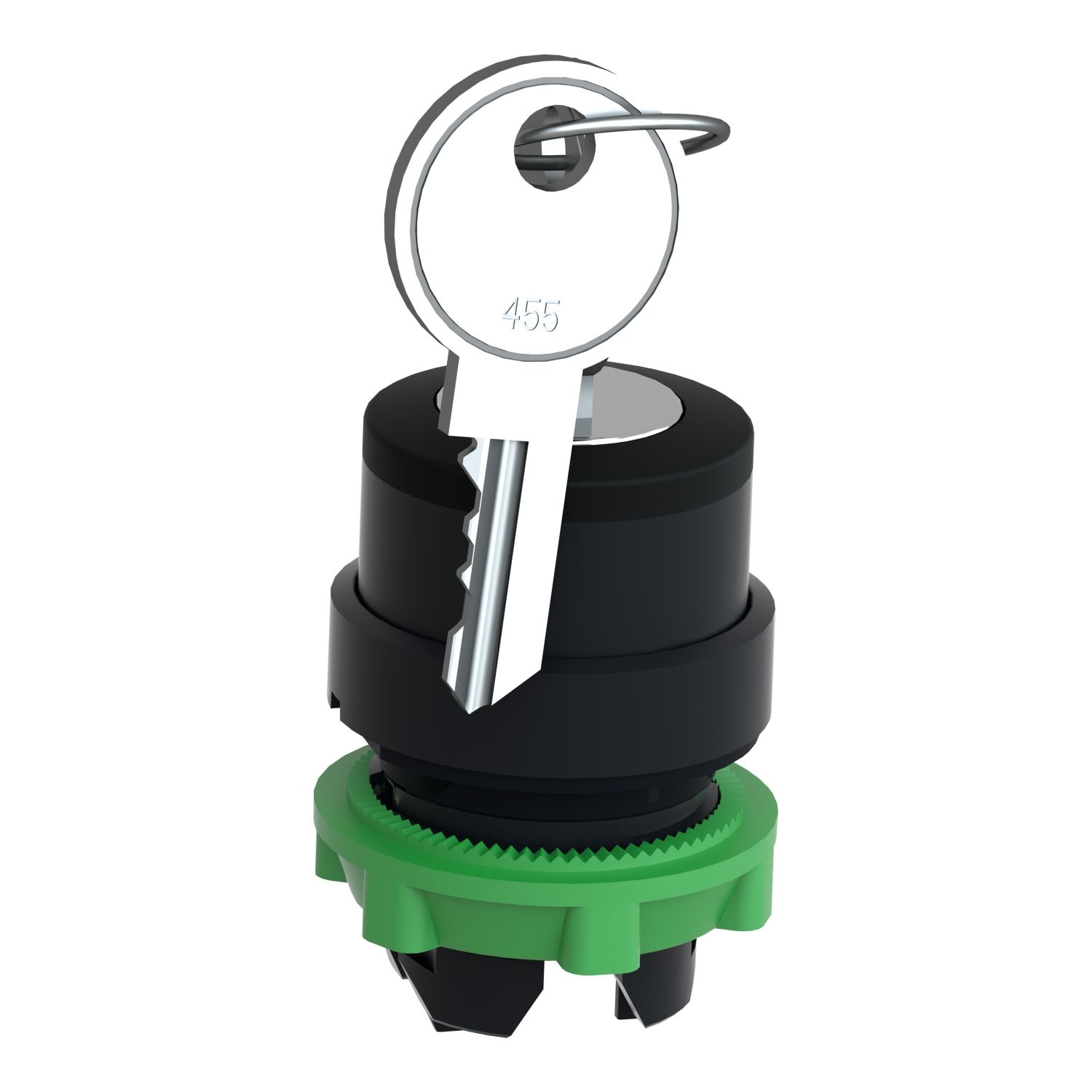 Picture of Key switch selector head, Harmony XB5, plastic, black, 22mm, key 455, 3 positions, spring return to center