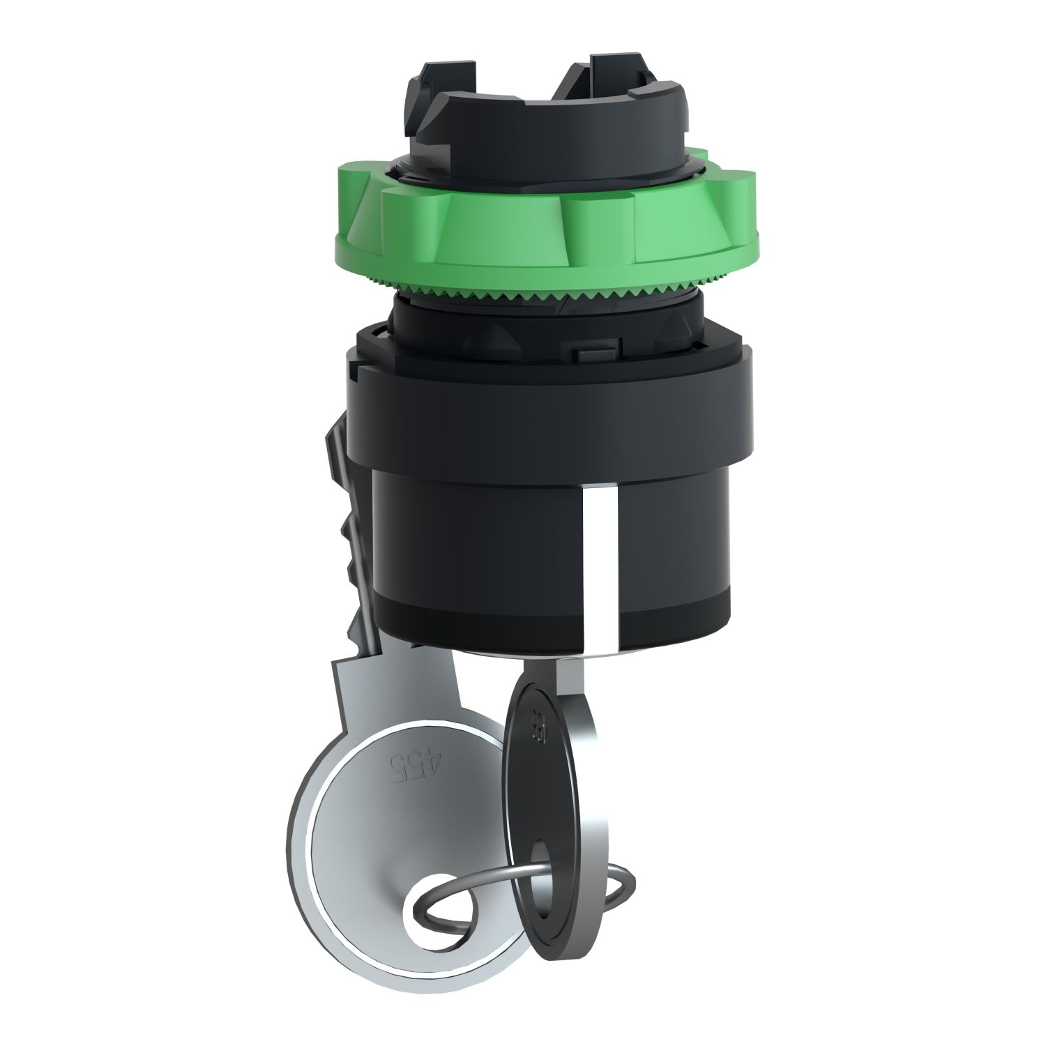 Picture of Key switch selector head, Harmony XB5, plastic, black, 22mm, key 455, 3 positions, spring return to center