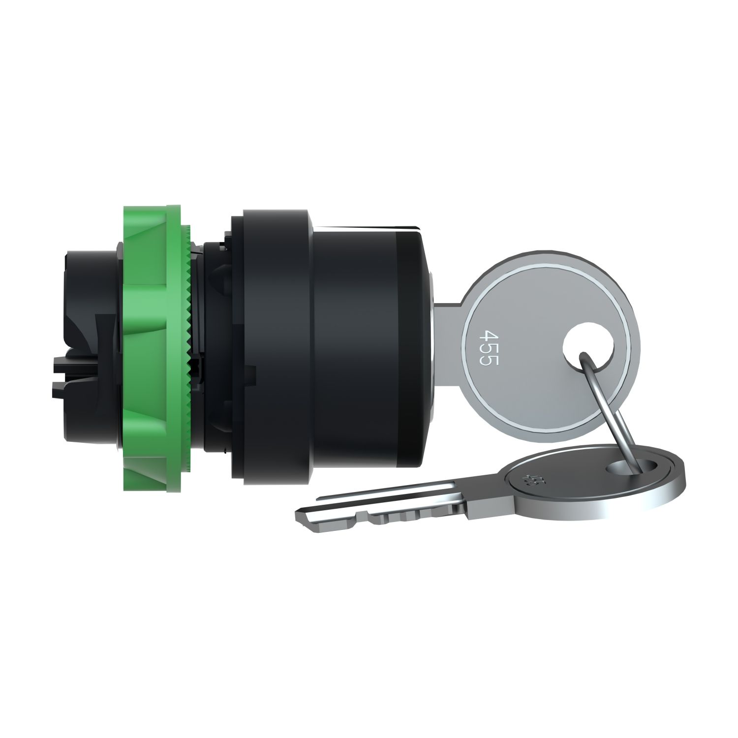 Picture of Key switch selector head, Harmony XB5, plastic, black, 22mm, key 455, 3 positions, spring return to center