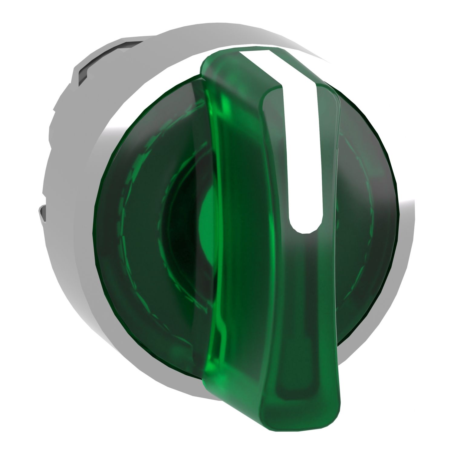 Picture of Head for illuminated selector switch, Harmony XB4, chromium metal, green handle, 22mm, universal LED, 3 positions, left to center