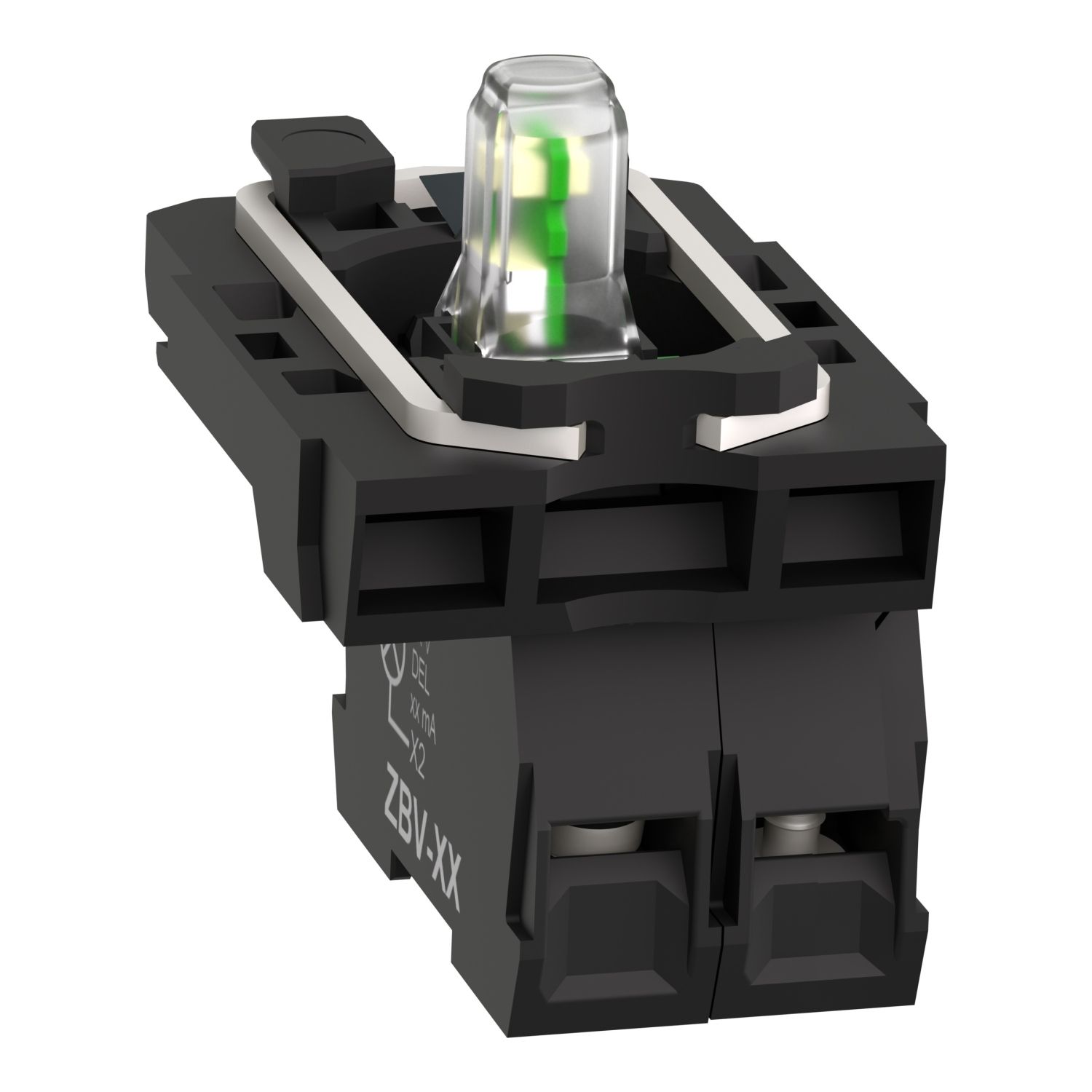 Picture of Complete body/contact assembly and light block, Harmony XB5, plastic, universal LED, body/fixing collar, 1NO, 24V AC DC