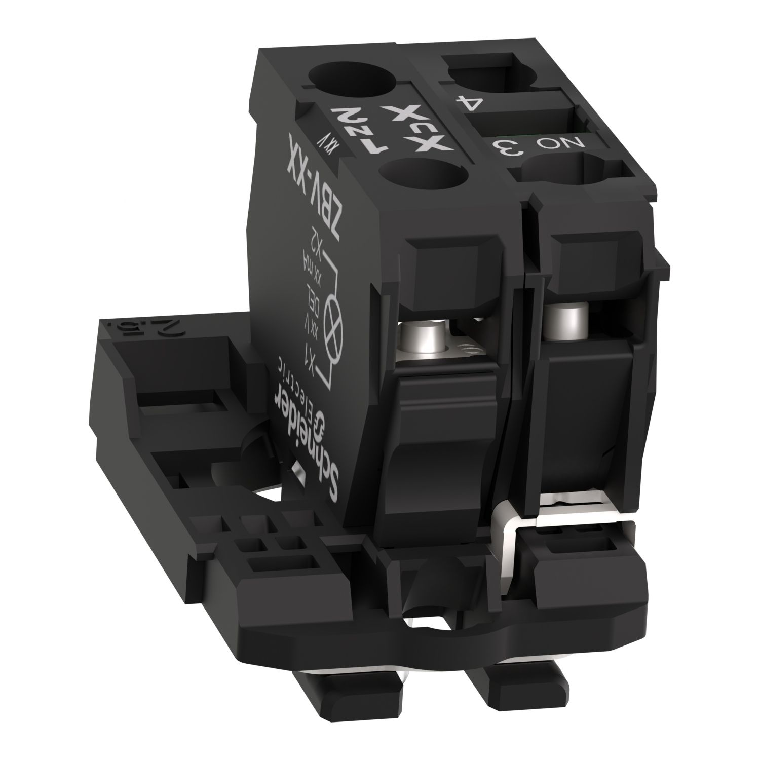 Picture of Complete body/contact assembly and light block, Harmony XB5, plastic, universal LED, body/fixing collar, 1NO, 24V AC DC