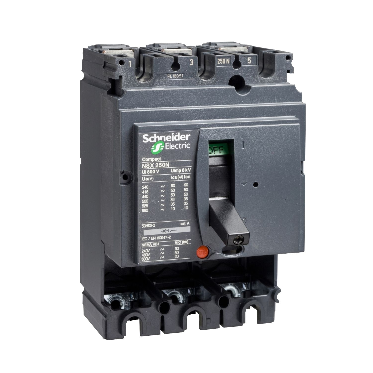 Picture of Circuit breaker basic frame, ComPact NSX250B, 25kA at 415VAC 50/60 Hz, 250A, without trip unit, 3 poles