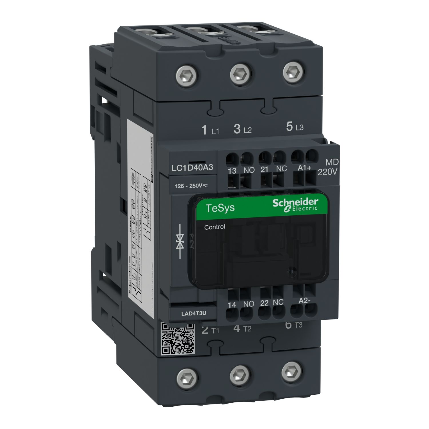 Picture of Contactor, TeSys Deca, 3P(3 NO), AC-3/AC-3e, <=400V, 40A, 220V DC standard coil, spring terminals