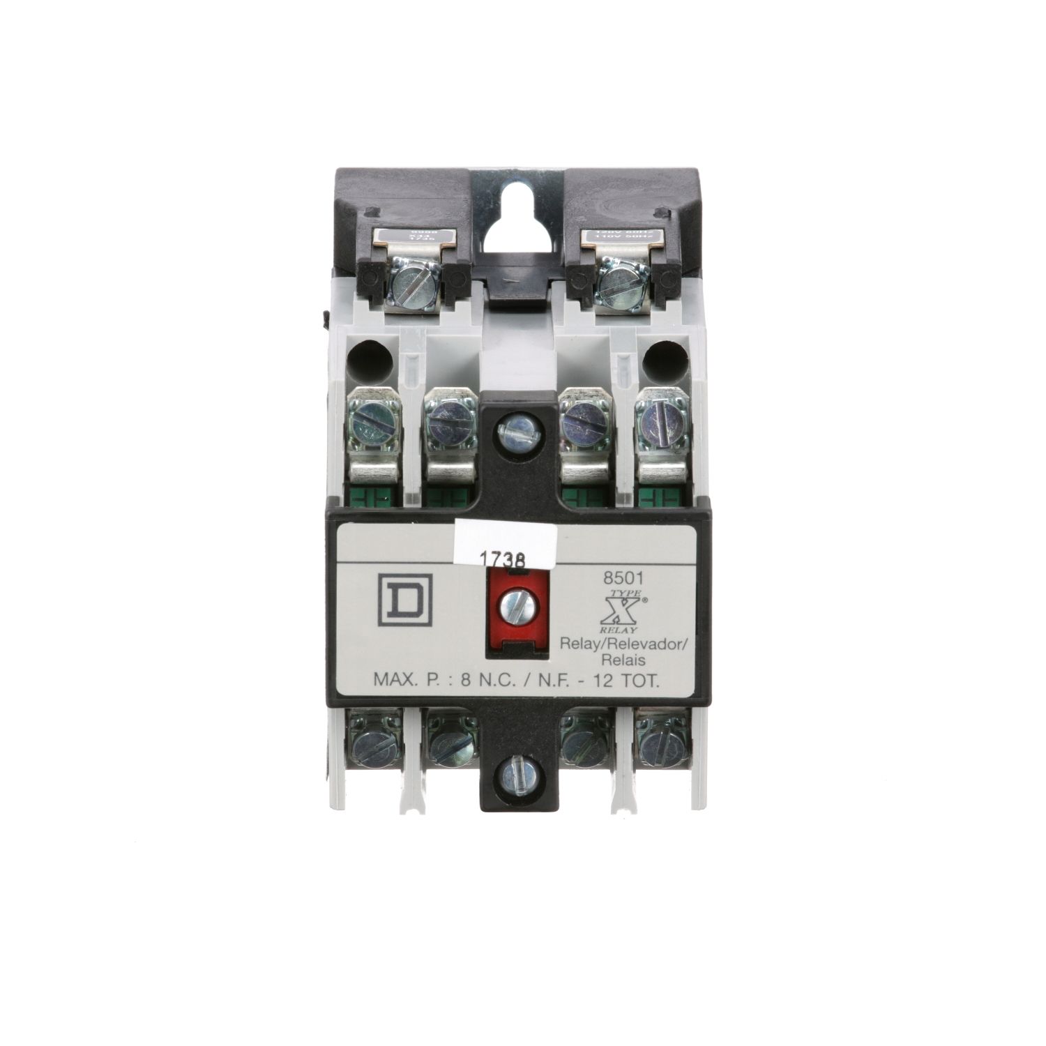 Picture of Relay, Harmony 8501X, machine tool, coil, screw clamp terminals, 10A resistive at 600V AC, 110/120V AC 50/60Hz, 4NO