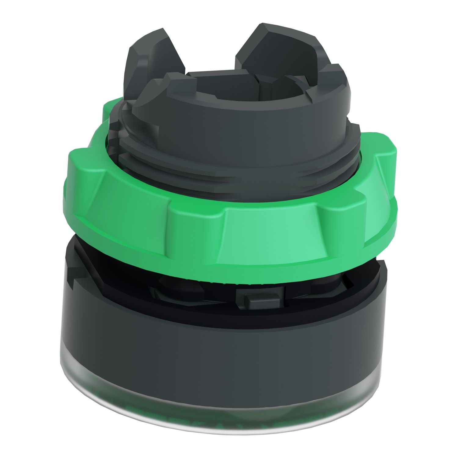 Picture of Head for illuminated push button, Harmony XB5, plastic, green flush, 22mm, universal LED, spring return, plain lens