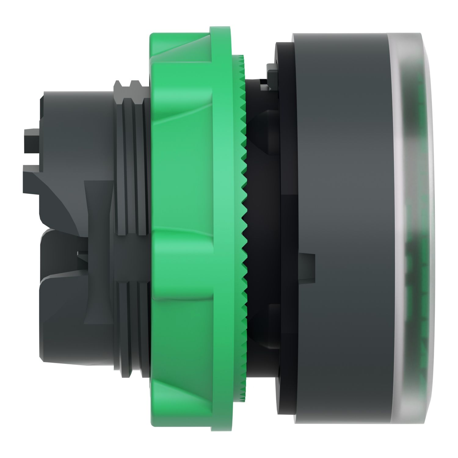 Picture of Head for illuminated push button, Harmony XB5, plastic, green flush, 22mm, universal LED, spring return, plain lens