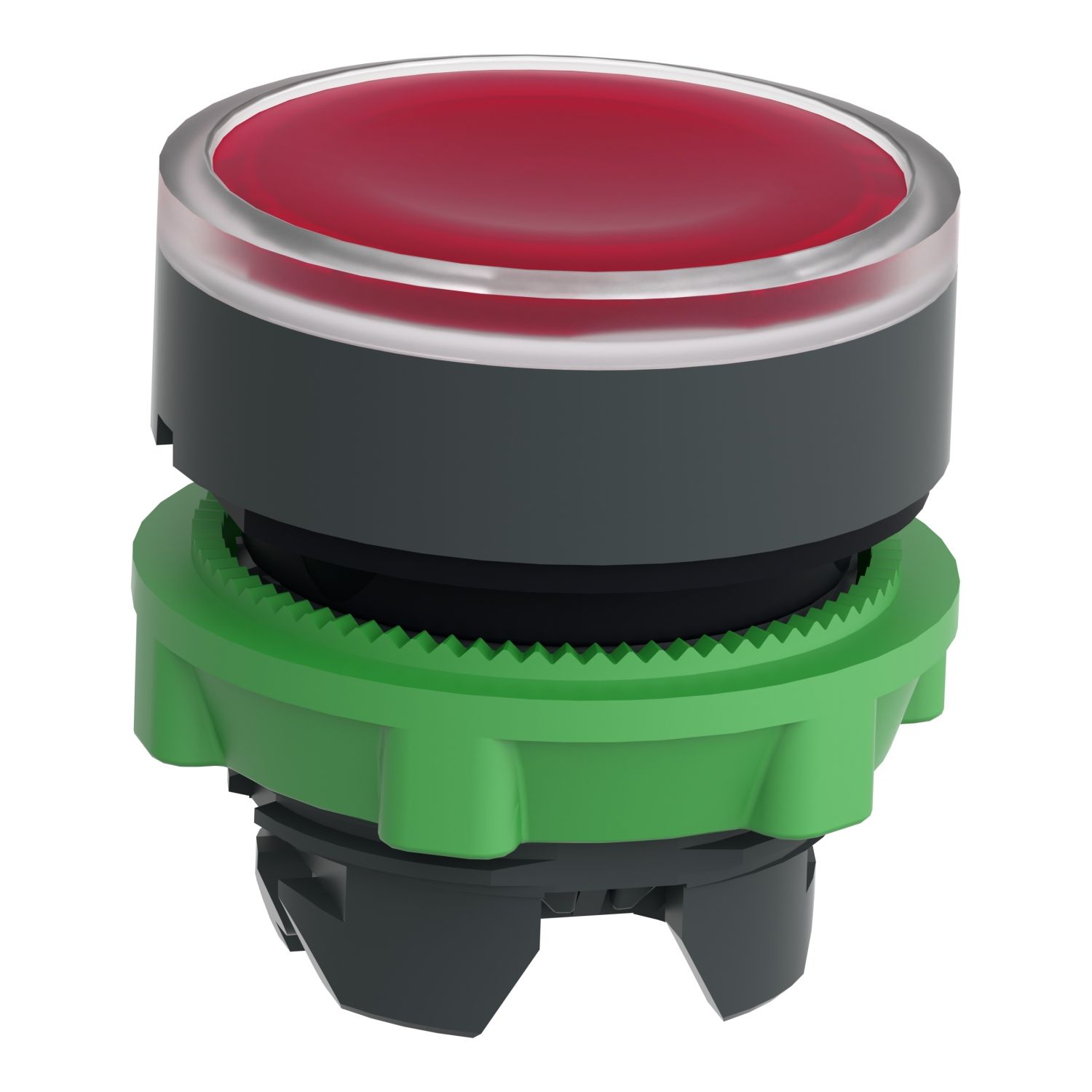 Picture of Head for illuminated push button, Harmony XB5, plastic, red flush, 22mm, universal LED, spring return, plain lens