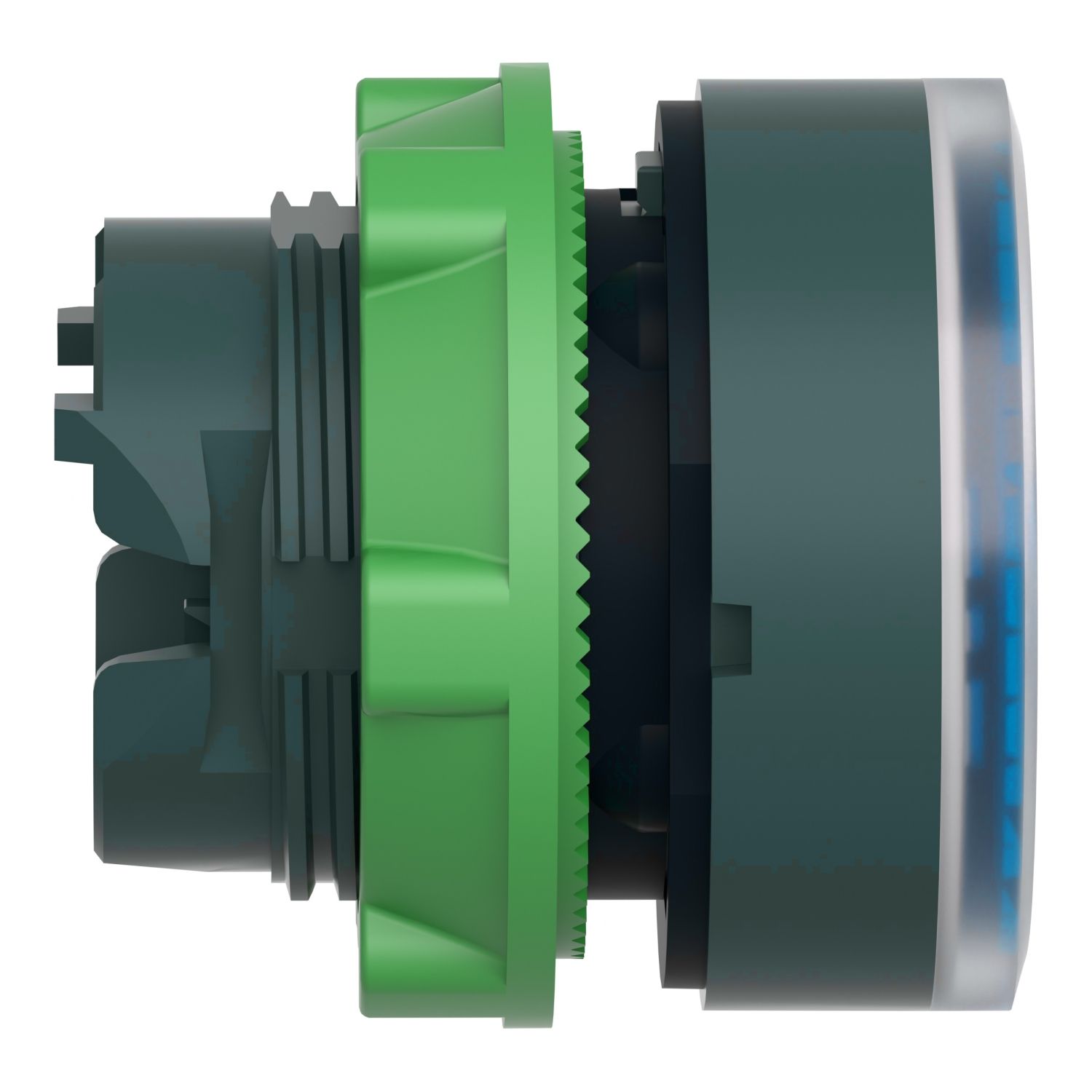 Picture of Head for illuminated push button, Harmony XB5, plastic, blue flush, 22mm, universal LED, spring return, plain lens