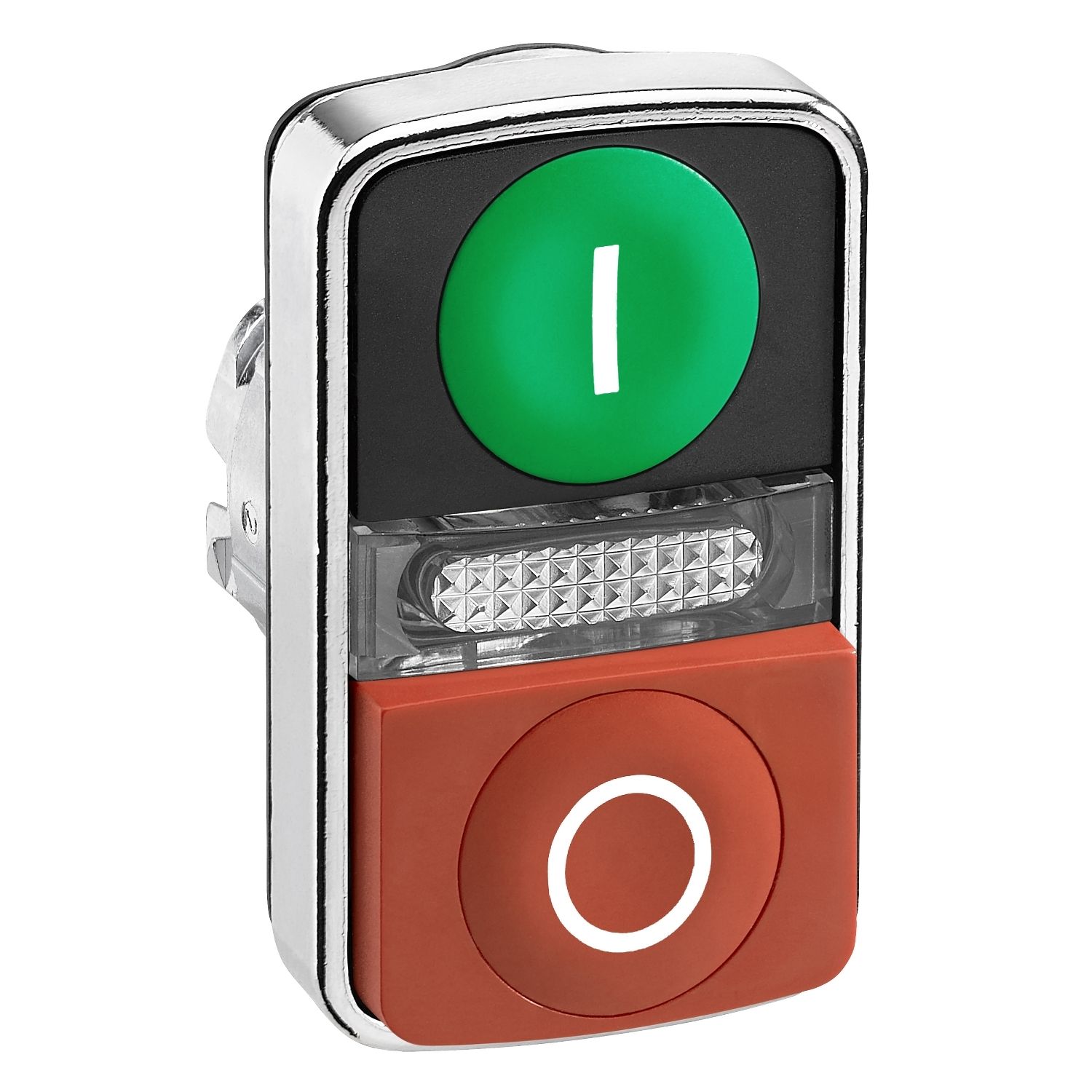 Picture of Illuminated double-headed push button head, Harmony XB4, metal, Ø22, marked, 1 green flush I + 1 pilot light + 1 red projecting O