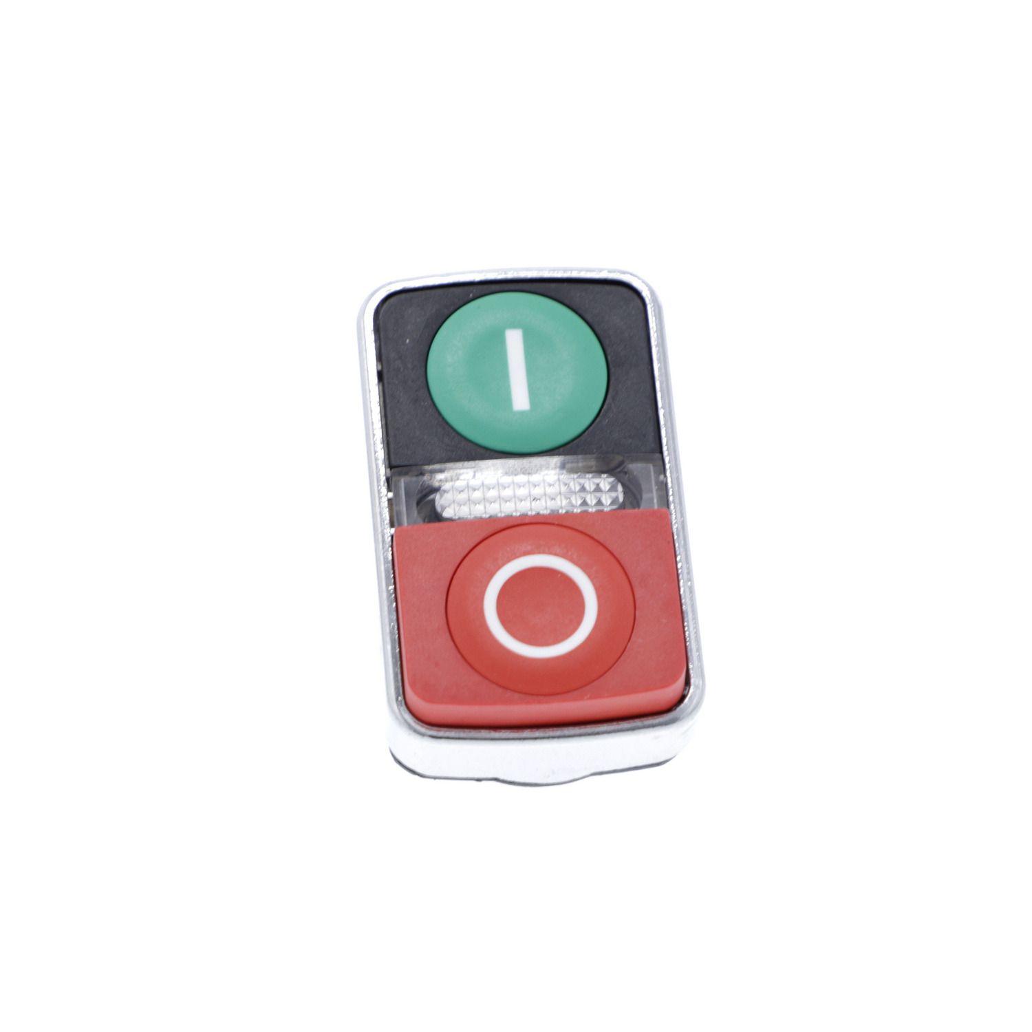 Picture of Illuminated double-headed push button head, Harmony XB4, metal, Ø22, marked, 1 green flush I + 1 pilot light + 1 red projecting O