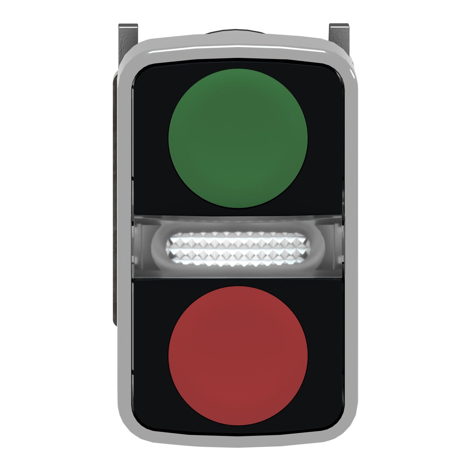 Picture of Illuminated double headed push button head, Harmony XB4, metal, 22mm, 1 green fLush+1 pilot light+1 red flush, unmarked