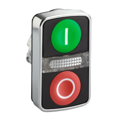 Picture of Illuminated double headed push button head, Harmony XB4, metal, 22mm, 1 green flush marked I + 1 pilot light + 1 red flush marked O