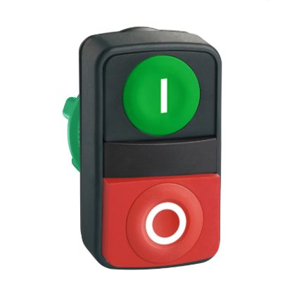 Picture of Head for illuminated double headed push button, Harmony XB5, 1 green flush/ 1 red projecting, 22mm, unmarked