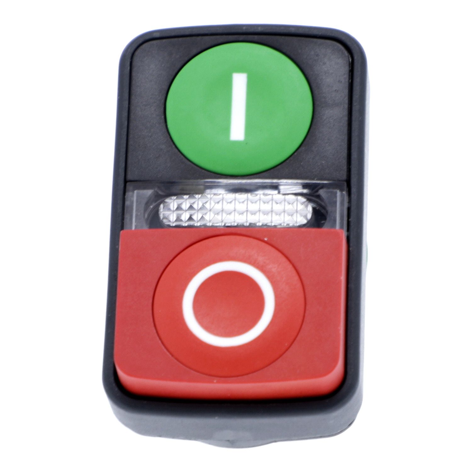 Picture of Illuminated double headed push button head, Harmony XB5, plastic, Ø22, 1 green flush I + 1 pilot light + 1 red projecting O