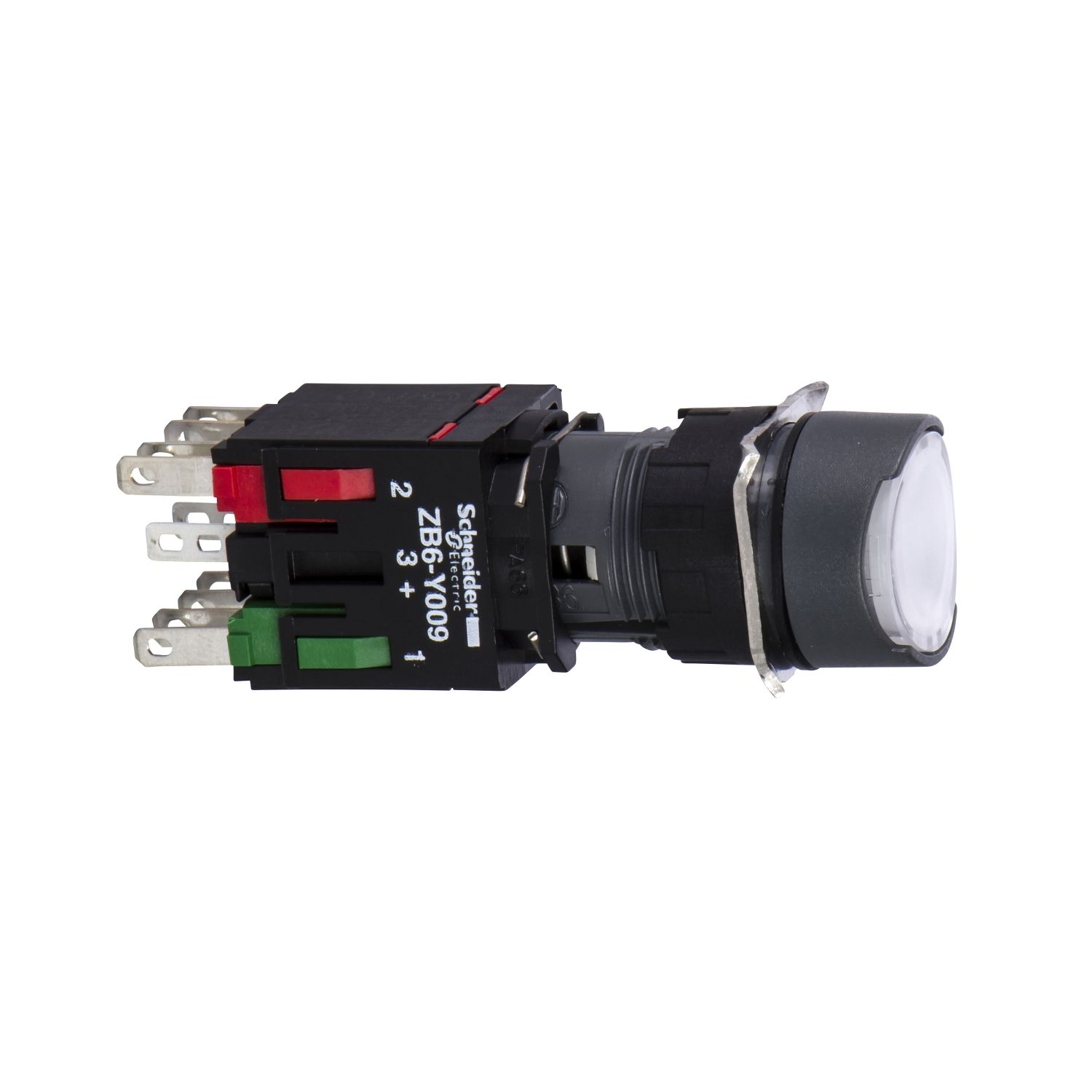 Picture of Complete illuminated push button, Harmony XB6, white flush, 16mm, spring return, 1NO + 1NC,  12...24V