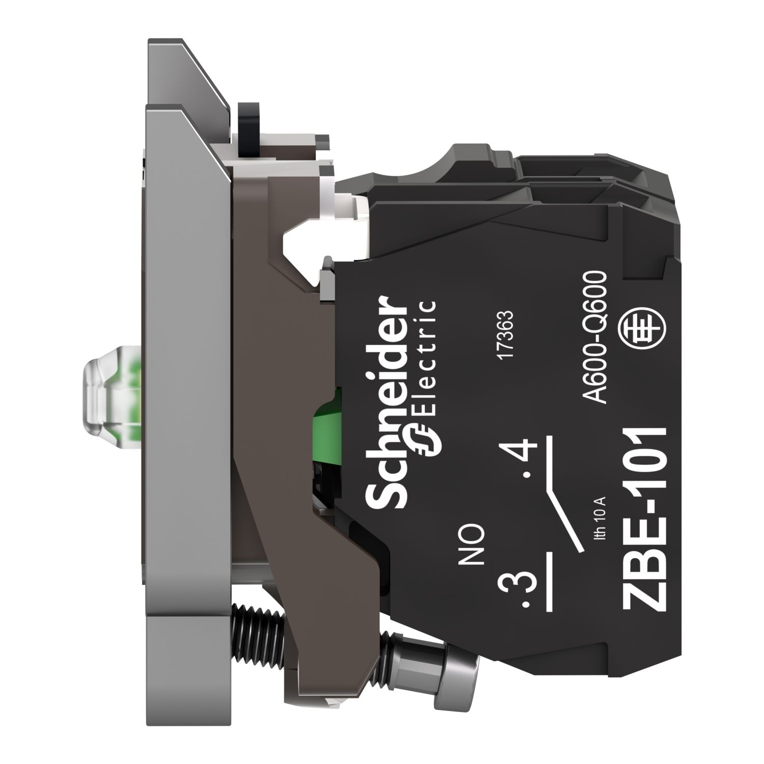 Picture of Complete body/contact assembly and light block, Harmony XB4, metal, universal LED, body/fixing collar, 1NO, 24V AC DC
