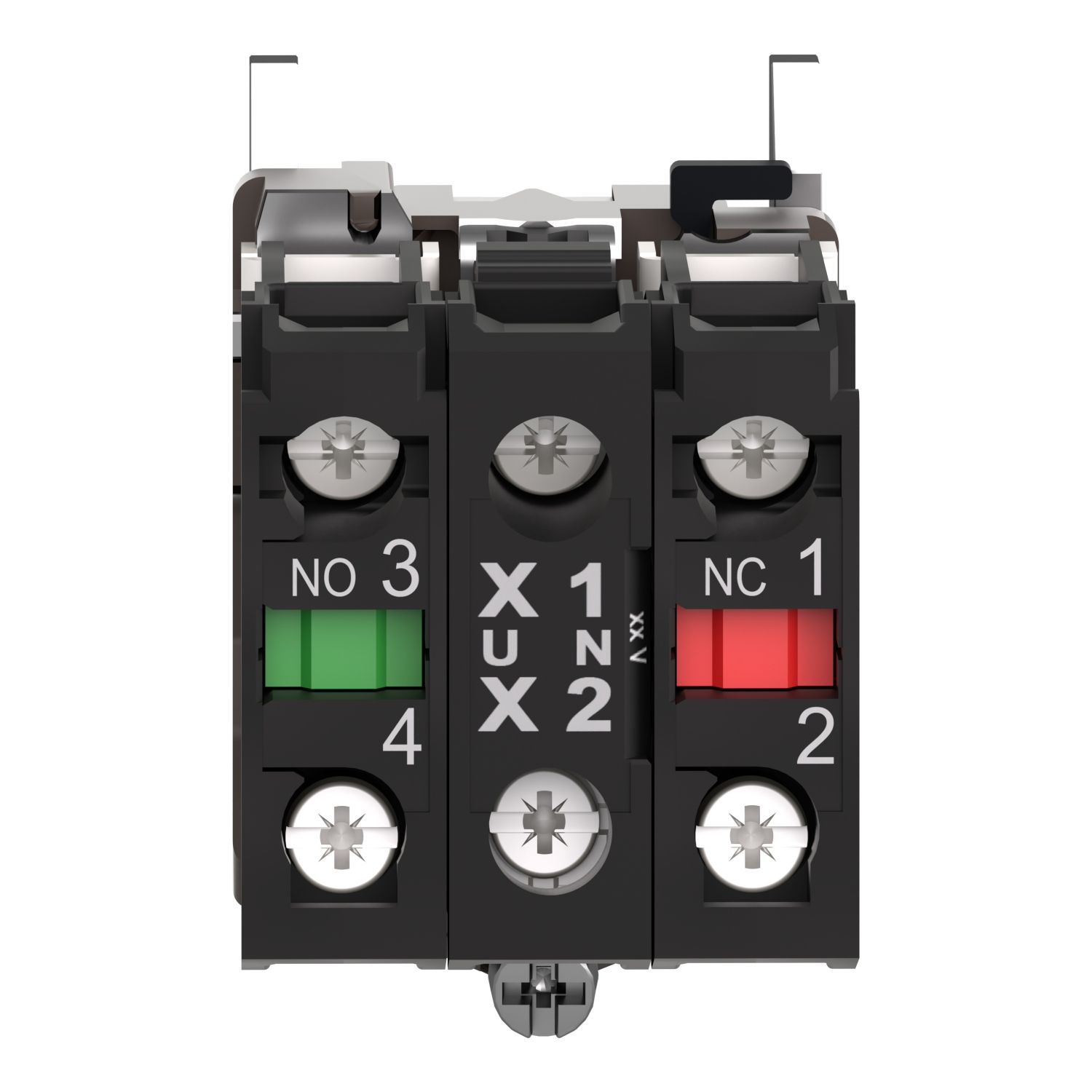 Picture of Complete body/contact assembly and light block, Harmony XB4, metal, universal LED, body/fixing collar, 1NO + 1NC, 24V AC DC