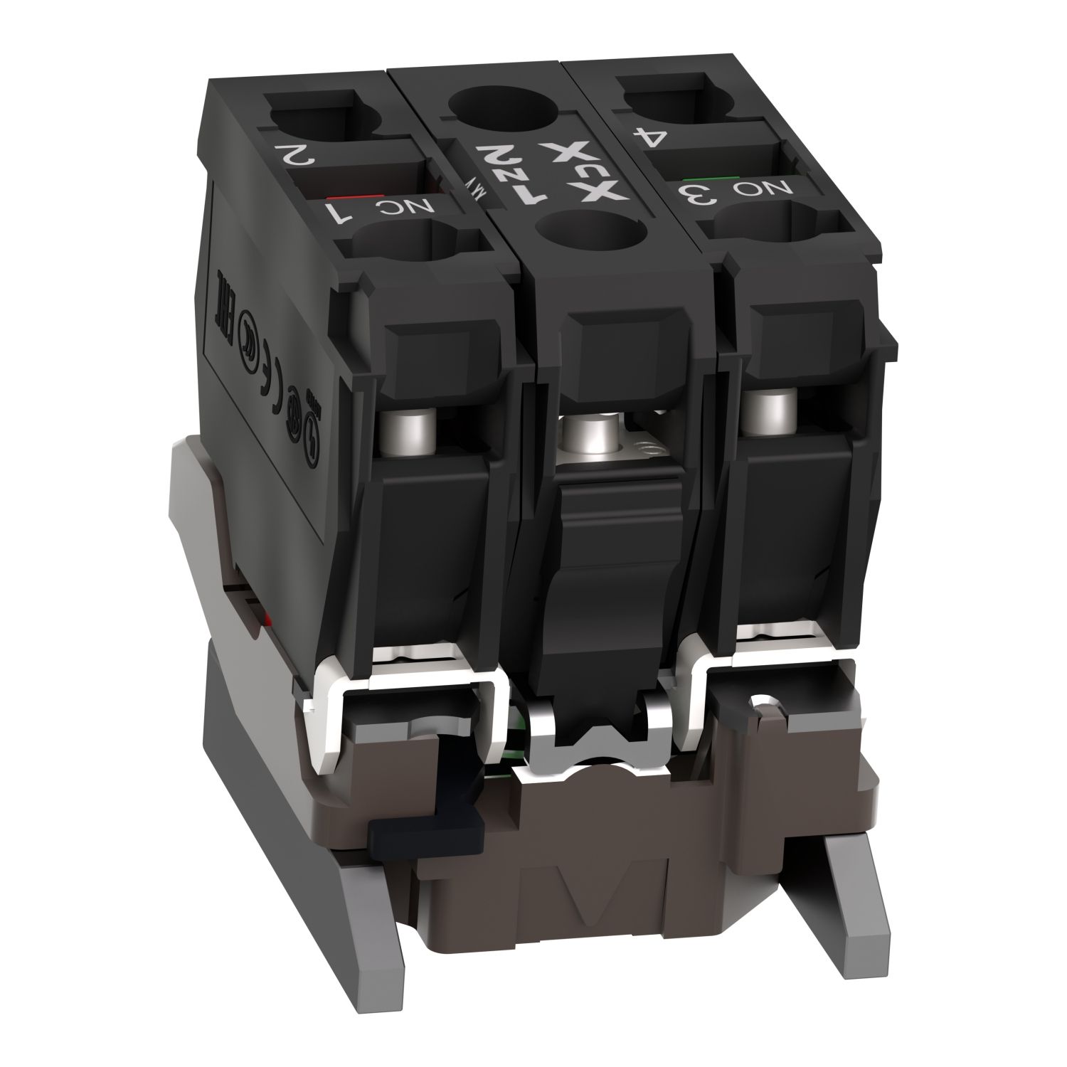 Picture of Complete body/contact assembly and light block, Harmony XB4, metal, universal LED, body/fixing collar, 1NO + 1NC, 24V AC DC