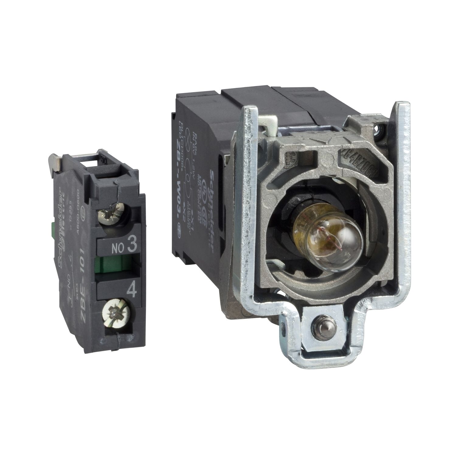 Picture of Complete body/contact assembly and light block, Harmony XB4, with body/fixing collar, BA9s incandescent bulb, 400V, 1NO