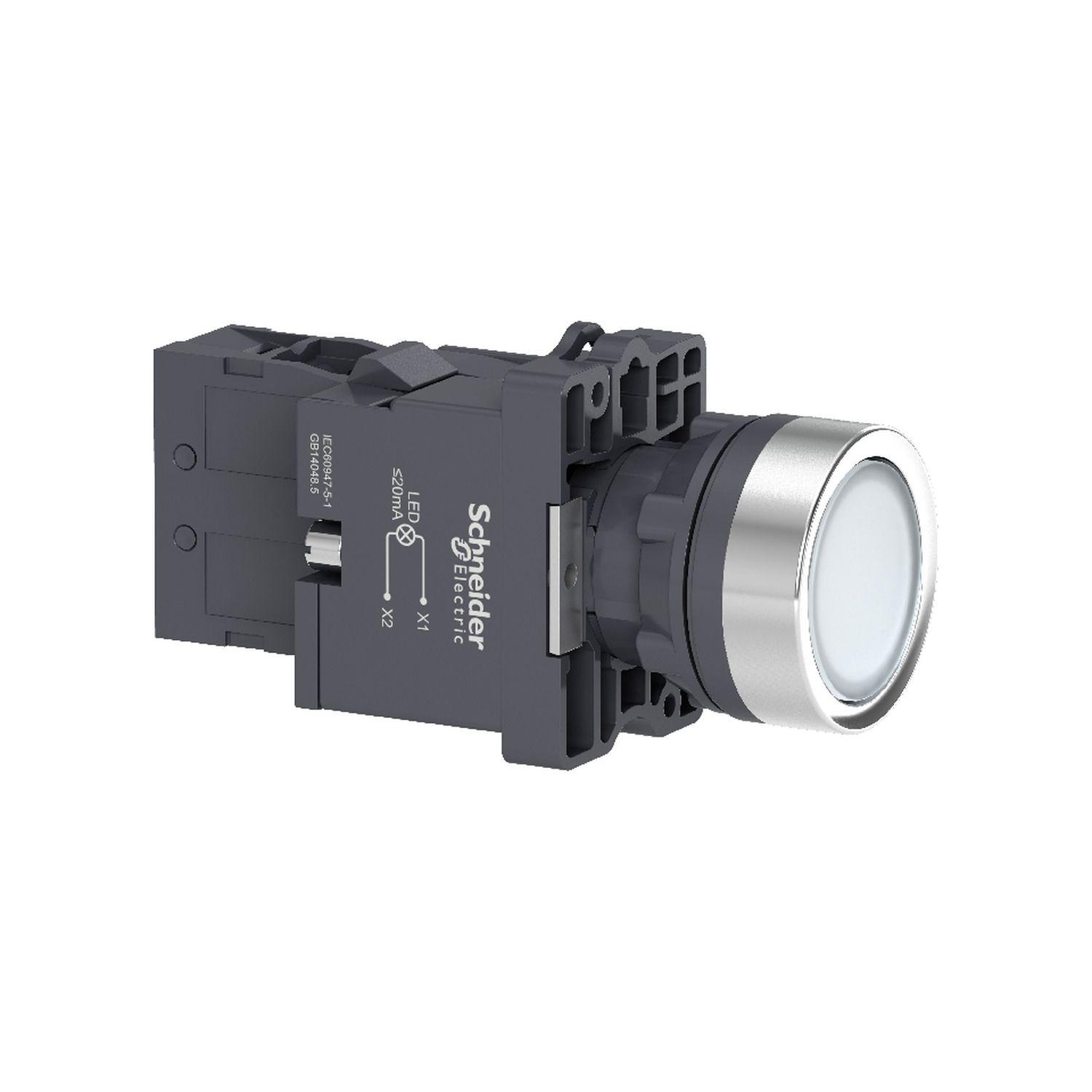 Picture of Complete illuminated push button, Easy Harmony XA2, plastic, flush, white, 22mm, spring return, 220V AC, 1NO