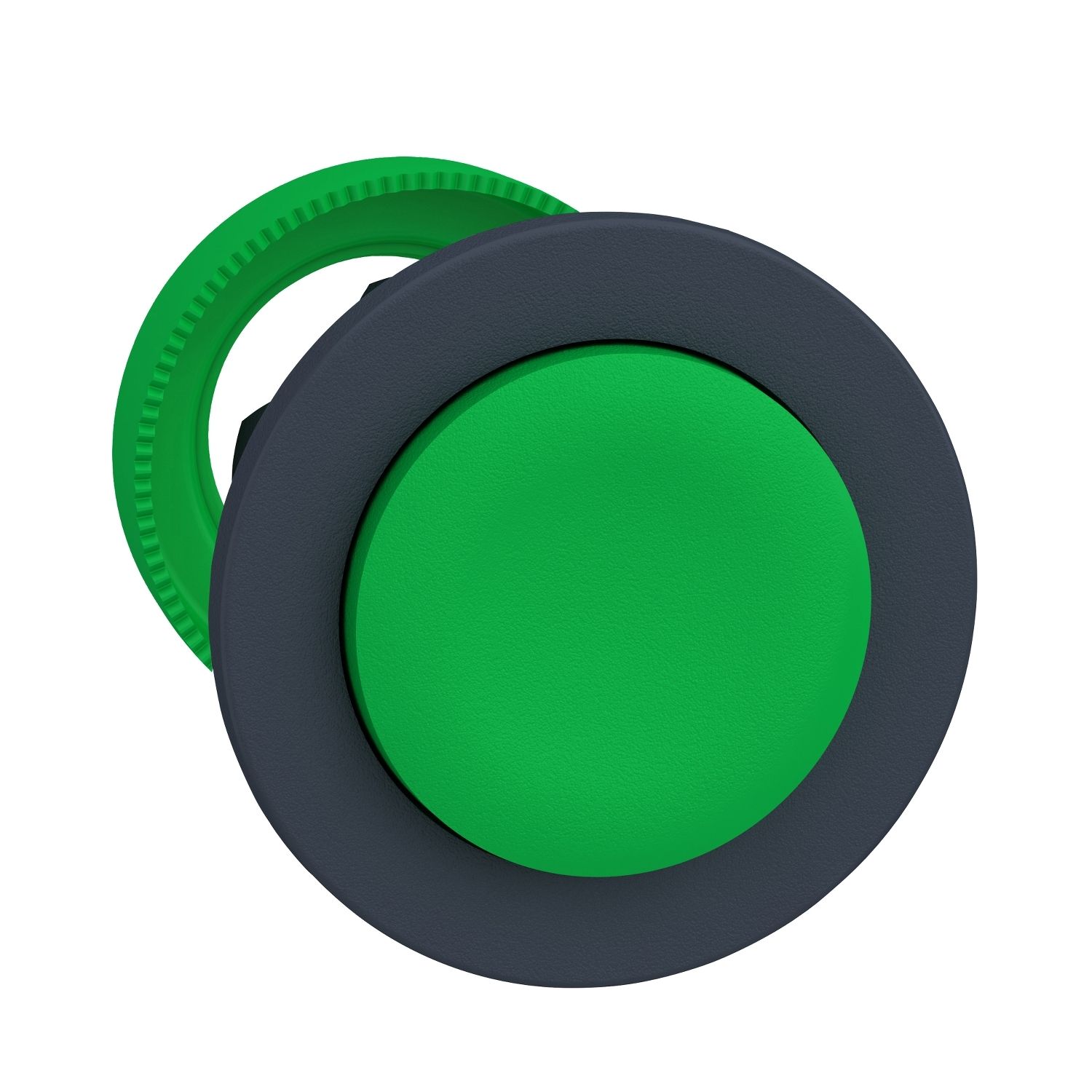 Picture of Harmony XB5, Antimicrobial Flush mounted push button head, plastic, projecting, green, 30mm, spring return, unmarked, dark grey bezel