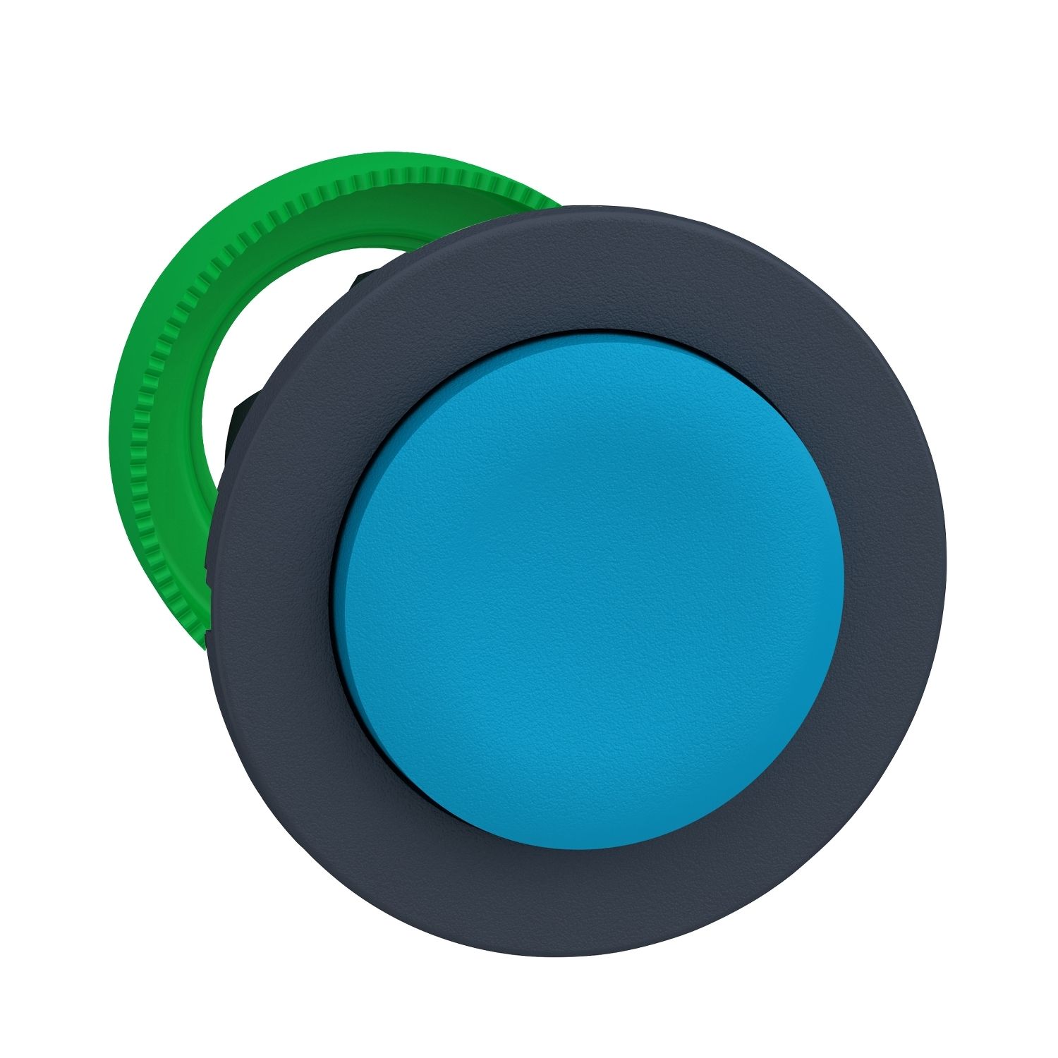 Picture of Harmony XB5, Antimicrobial Flush mounted push button head, plastic, projecting, blue, 30mm, spring return, unmarked, dark grey bezel