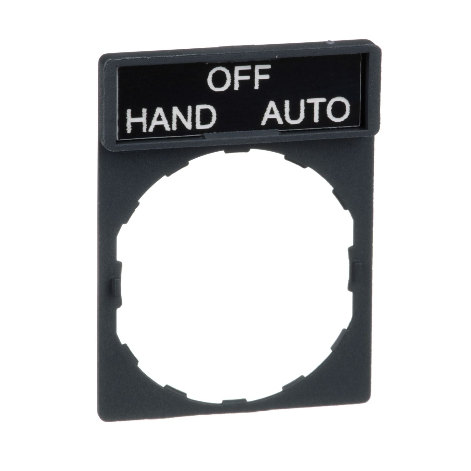 Picture of Legend holder, Harmony XB4, 30 x 40mm, plastic, 8 x 27mm legend, white marked HAND-OFF-AUTO