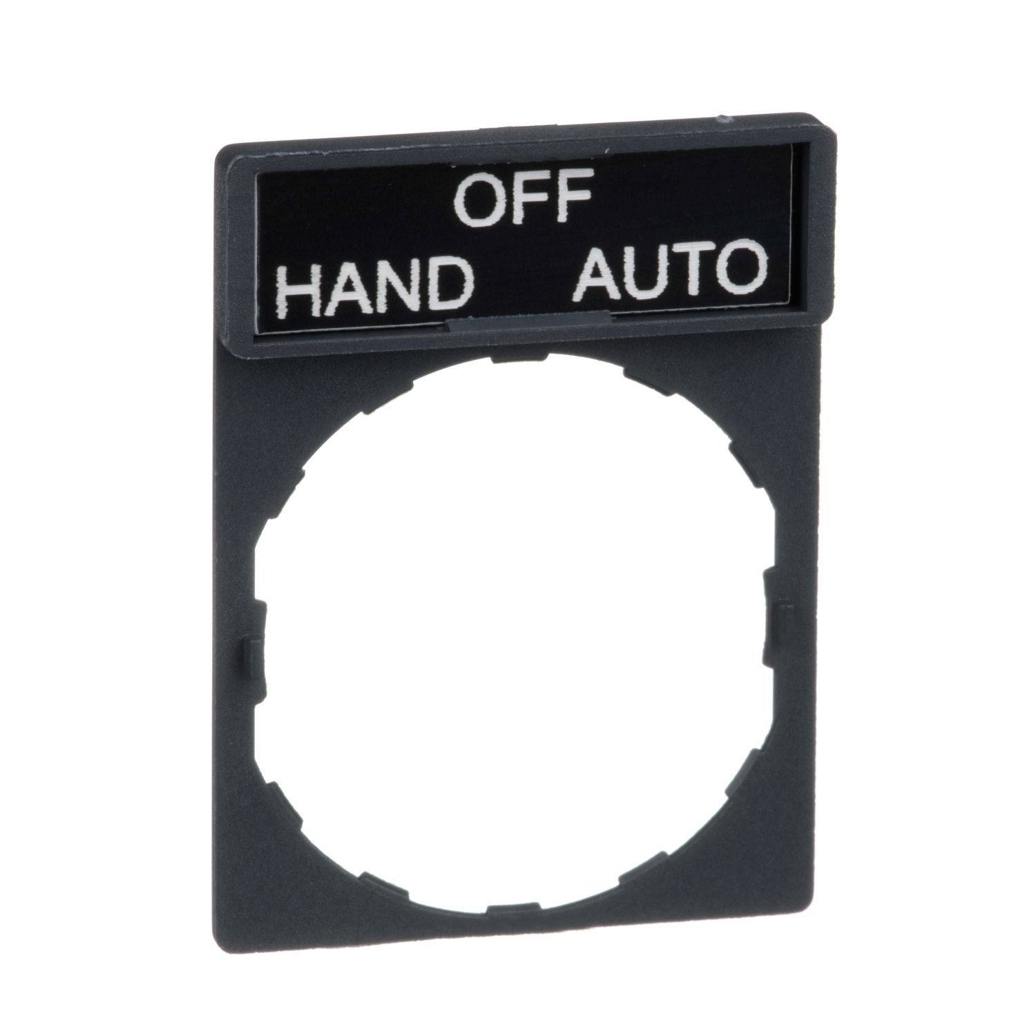 Picture of Legend holder, Harmony XB4, 30 x 40mm, plastic, 8 x 27mm legend, white marked HAND-OFF-AUTO