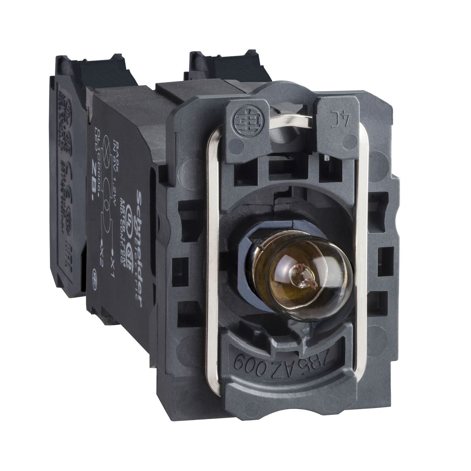 Picture of Complete body/contact assembly and light block, Harmony XB5, XB4, with body/fixing collar with BA9s incandesc. bulb 220...240 V 1NO+1NC