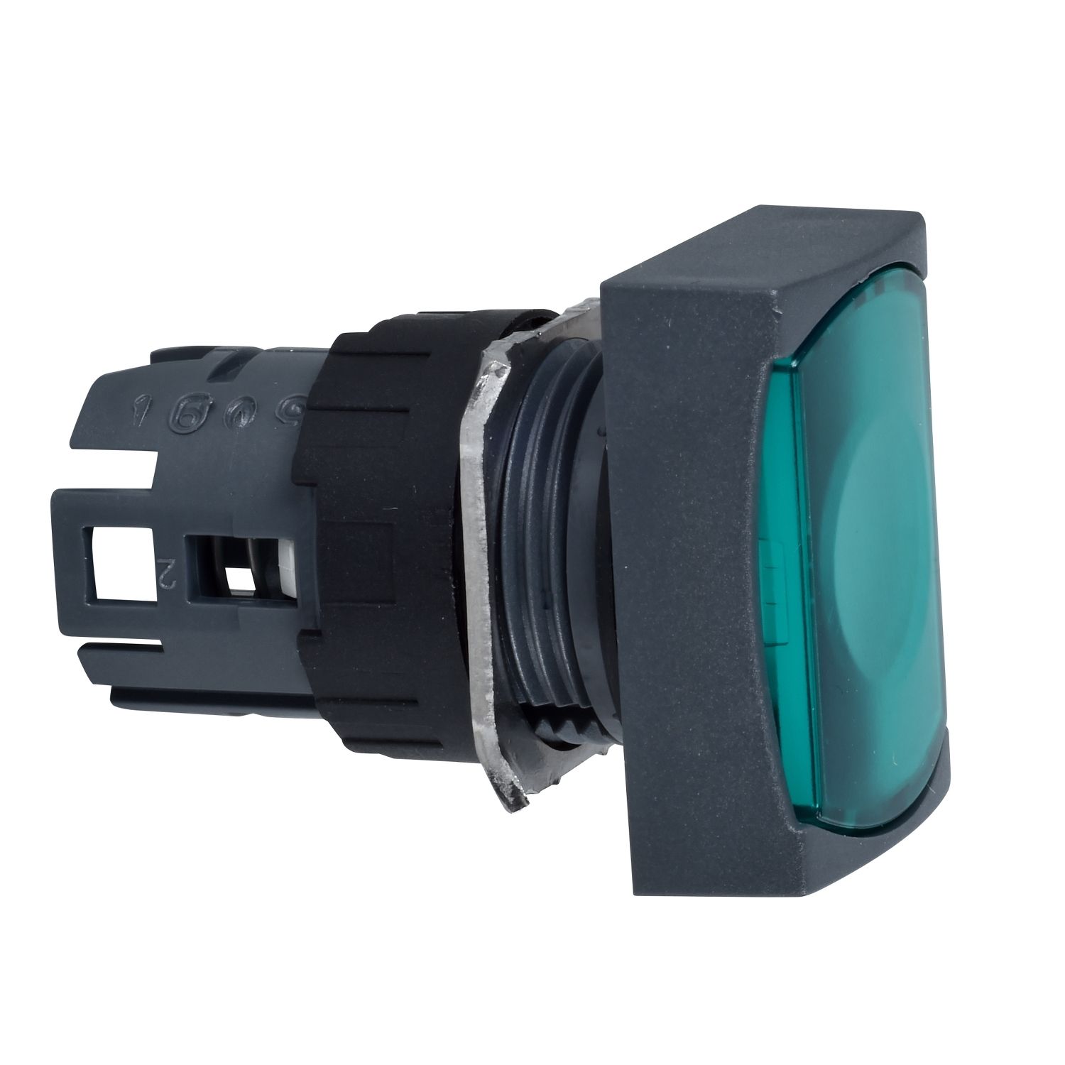 Picture of Head for illuminated push button, Harmony XB6, green rectangular flush, 16mm, integral LED, spring return, 12…24V, unmarked
