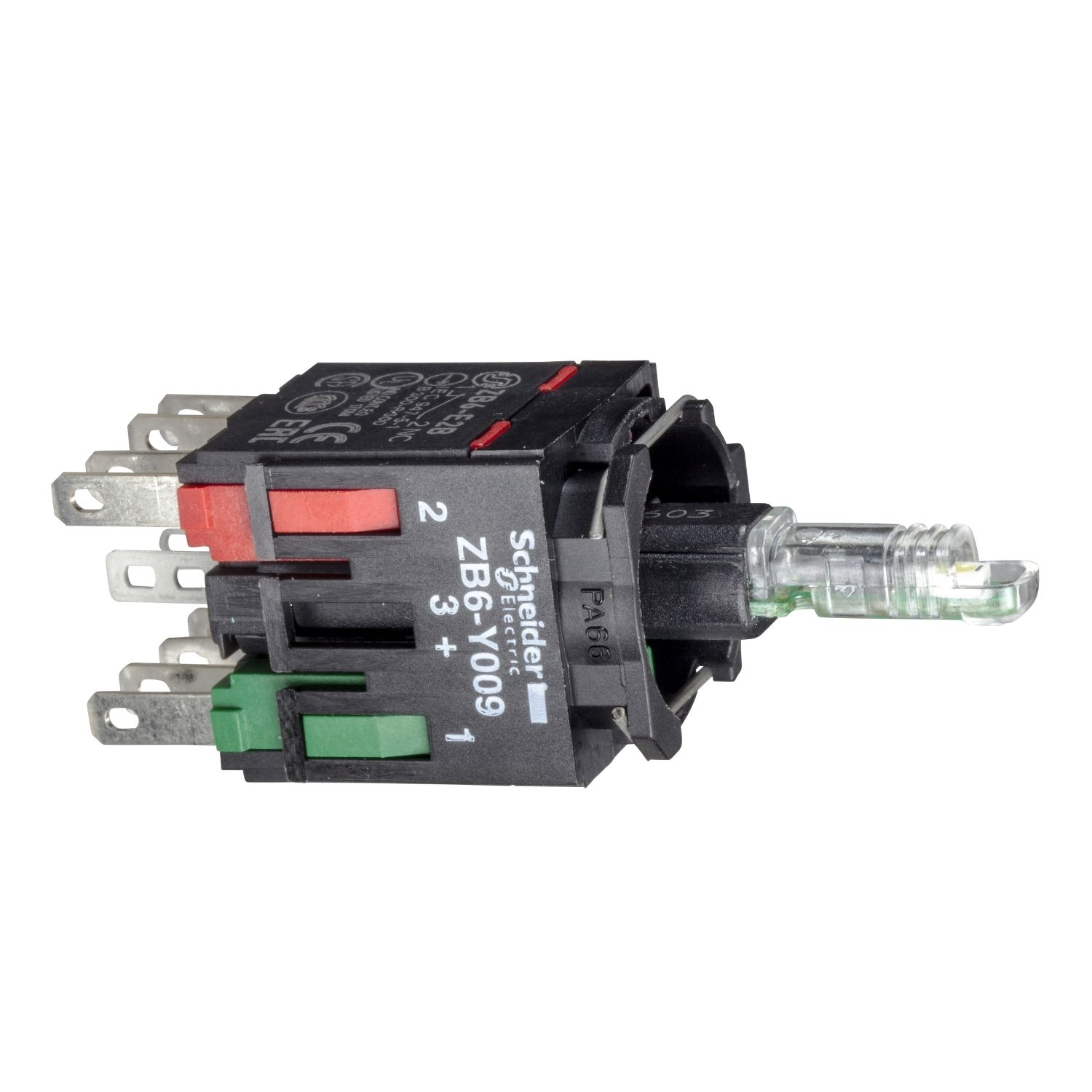 Picture of Complete body for illuminated push button, Harmony XB6, green light block, with body fixing collar, integral LED, 12...24V, 1NO + 1NC