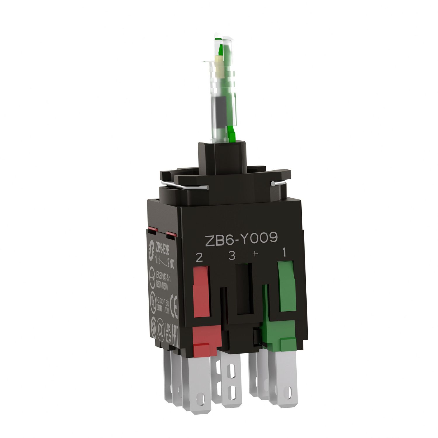 Picture of Complete body for illuminated push button, Harmony XB6, green light block, with body fixing collar, integral LED, 12...24V, 1NO + 1NC