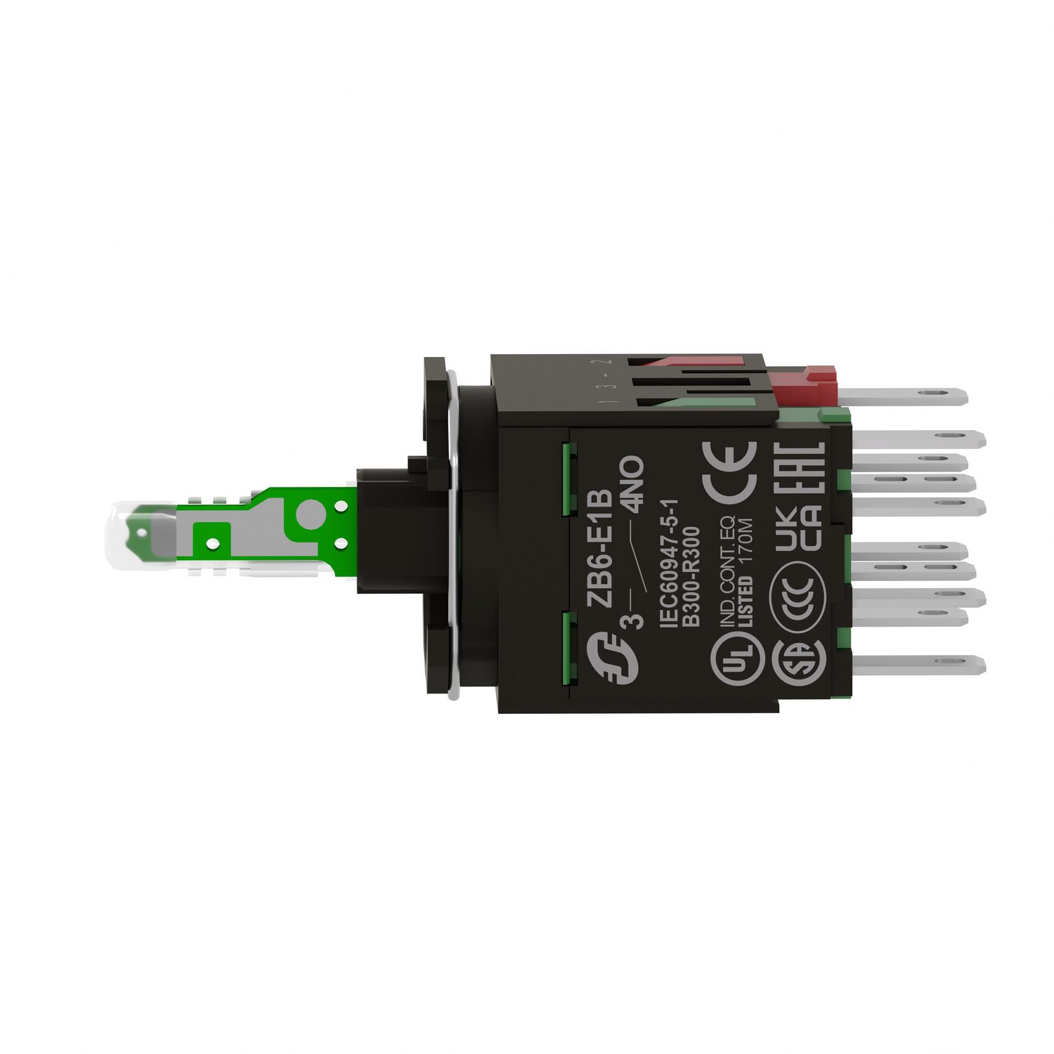 Picture of Complete body for illuminated push button, Harmony XB6, green light block, with body fixing collar, integral LED, 12...24V, 1NO + 1NC