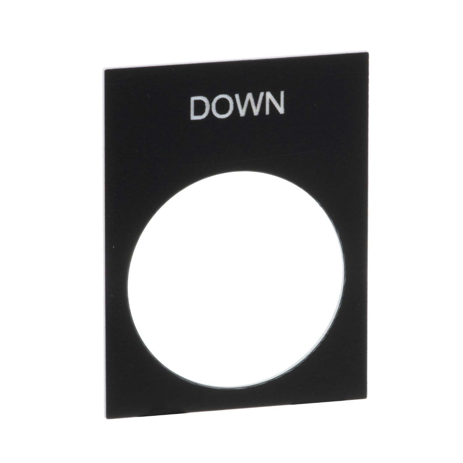 Picture of Marked legend, Harmony XAC, nameplate, 30 x 40mm, plastic, black, 22mm push button, white marked DOWN