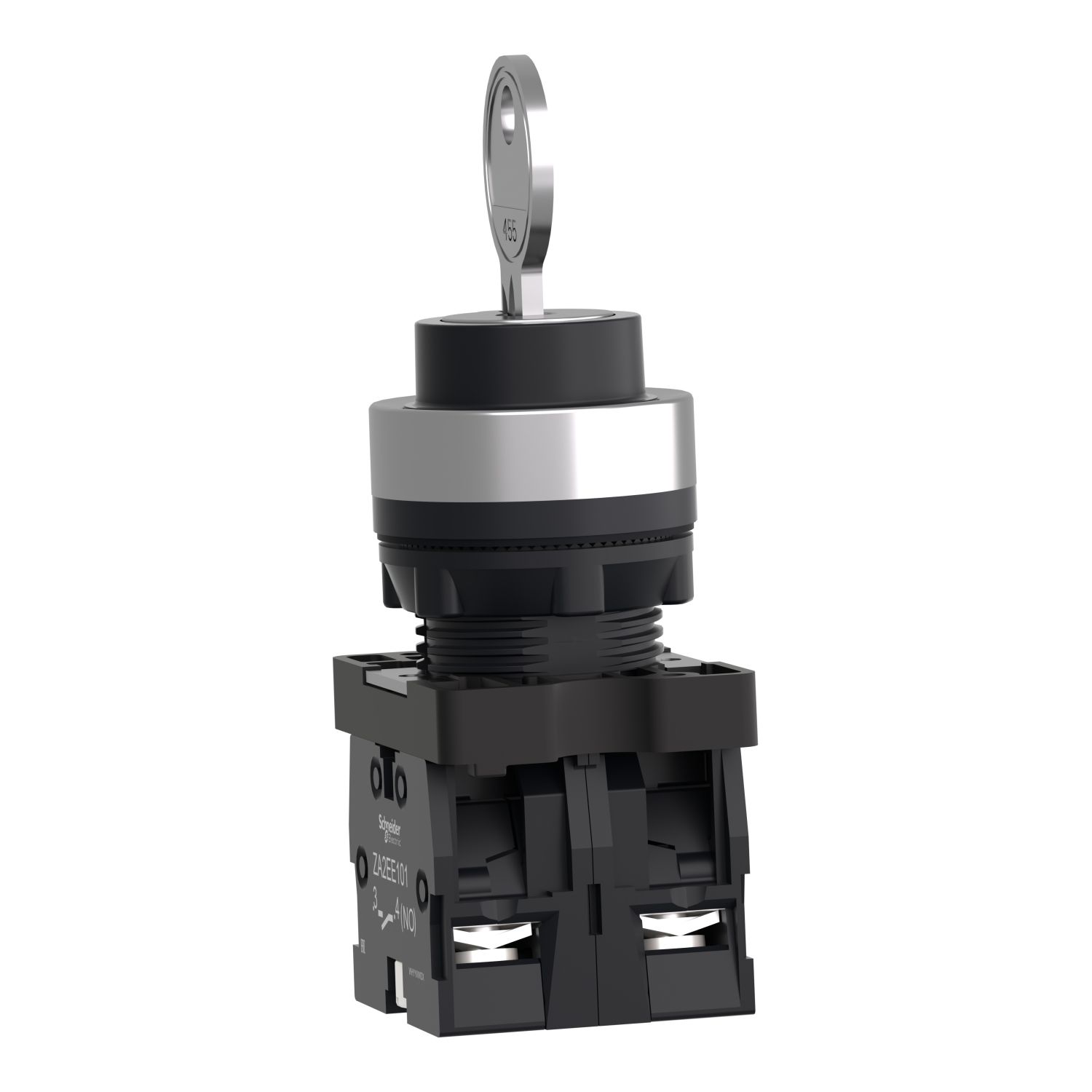 Picture of Complete selector switch, Easy Harmony XA2, plastic, black, 22mm, key 455, 3 positions, key withdrawal in any position, stay put, 2NO