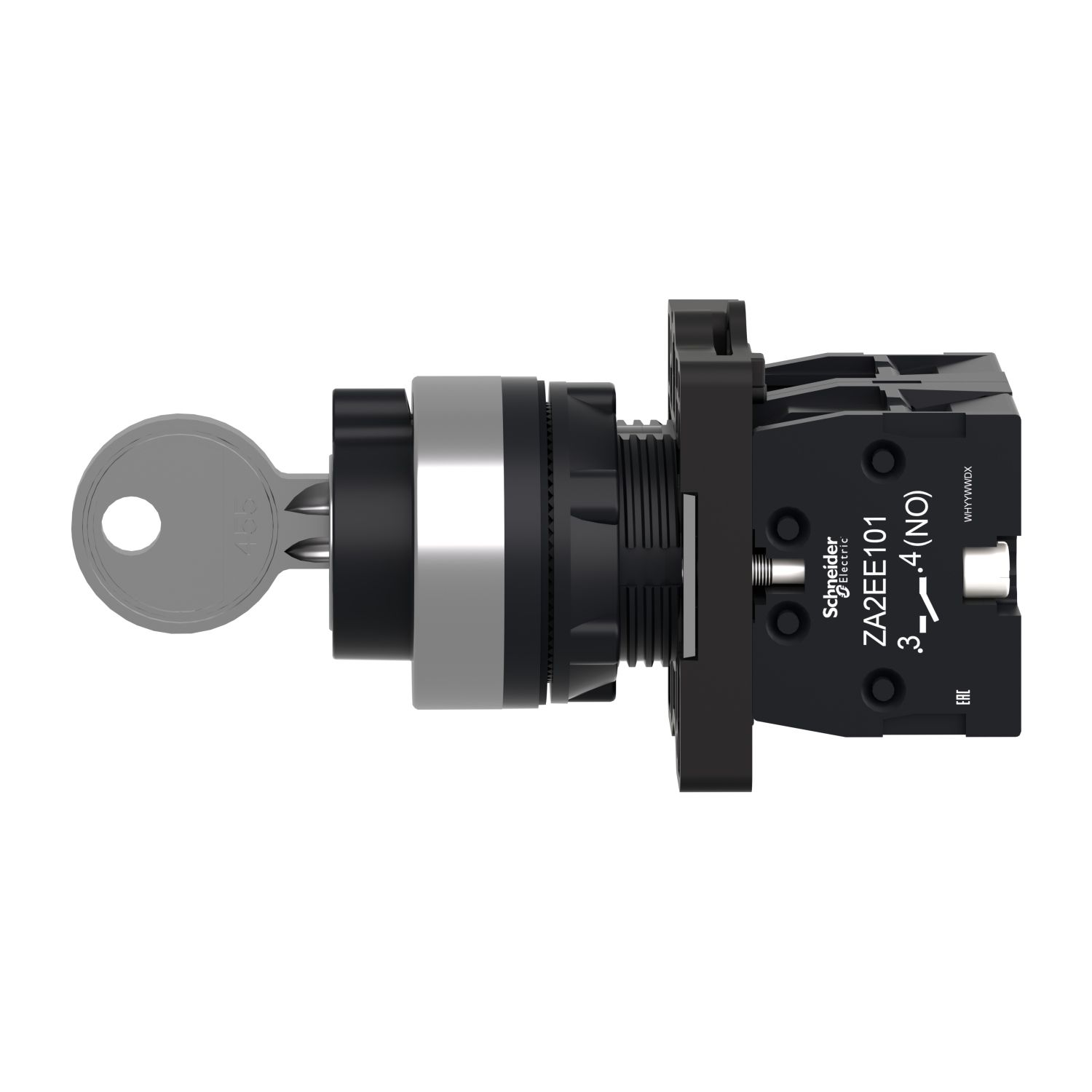 Picture of Complete selector switch, Easy Harmony XA2, plastic, black, 22mm, key 455, 3 positions, key withdrawal in any position, stay put, 2NO