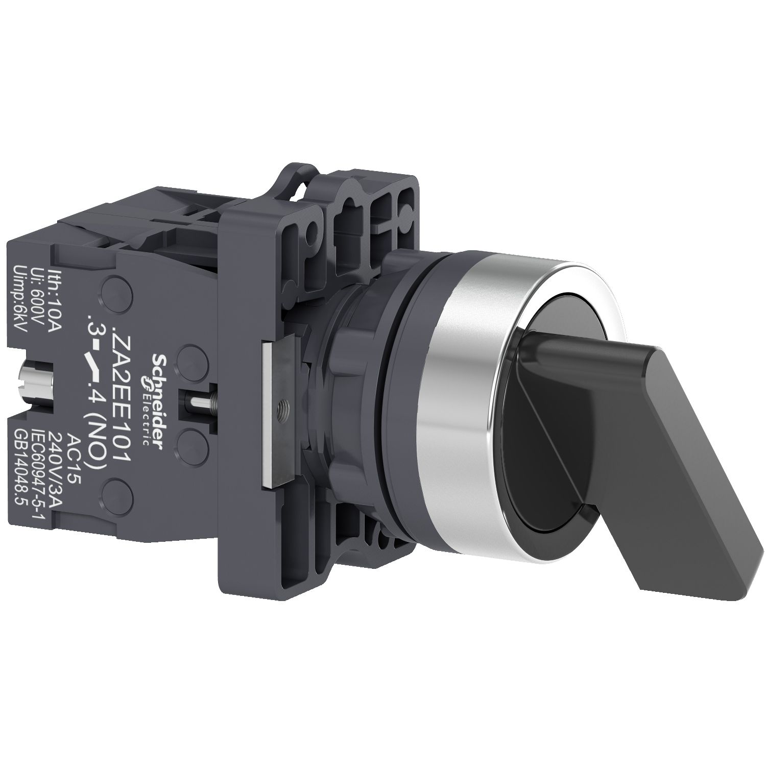Picture of Complete selector switch, Easy Harmony XA2, plastic, black, 22mm, long handle, 3 positions, spring return to center, 2NO