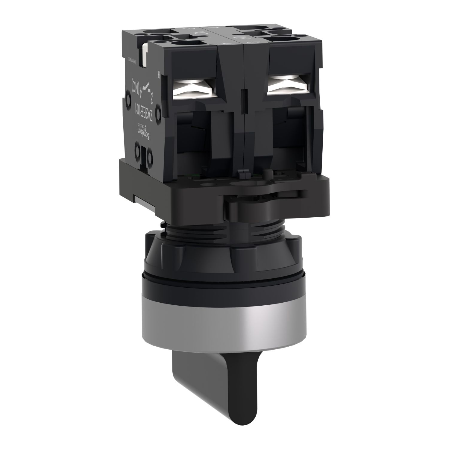 Picture of Complete selector switch, Easy Harmony XA2, plastic, black, 22mm, long handle, 3 positions, spring return to center, 2NO