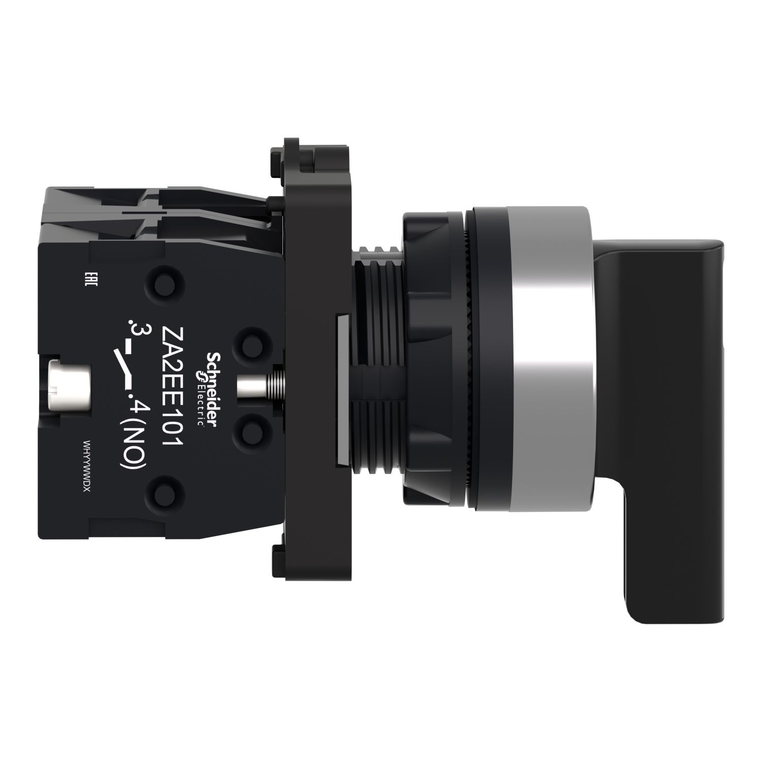 Picture of Complete selector switch, Easy Harmony XA2, plastic, black, 22mm, long handle, 3 positions, spring return to center, 2NO