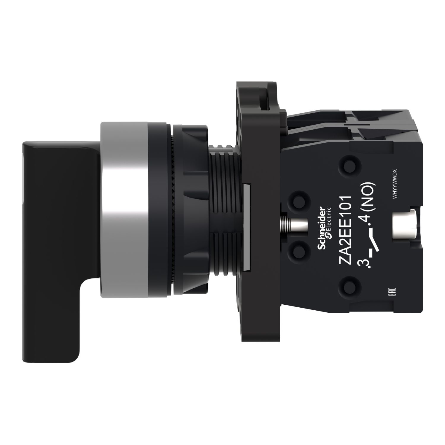 Picture of Complete selector switch, Easy Harmony XA2, plastic, black, 22mm, long handle, 3 positions, spring return to center, 2NO