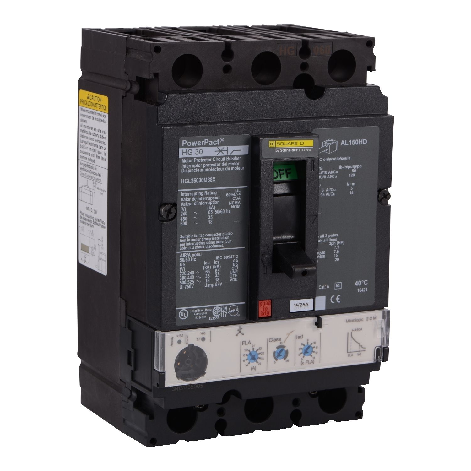 Picture of Motor circuit protector, PowerPacT H, 150A, 3 pole, 600VAC, 18kA, lugs, Micrologic 2.2M, 80%
