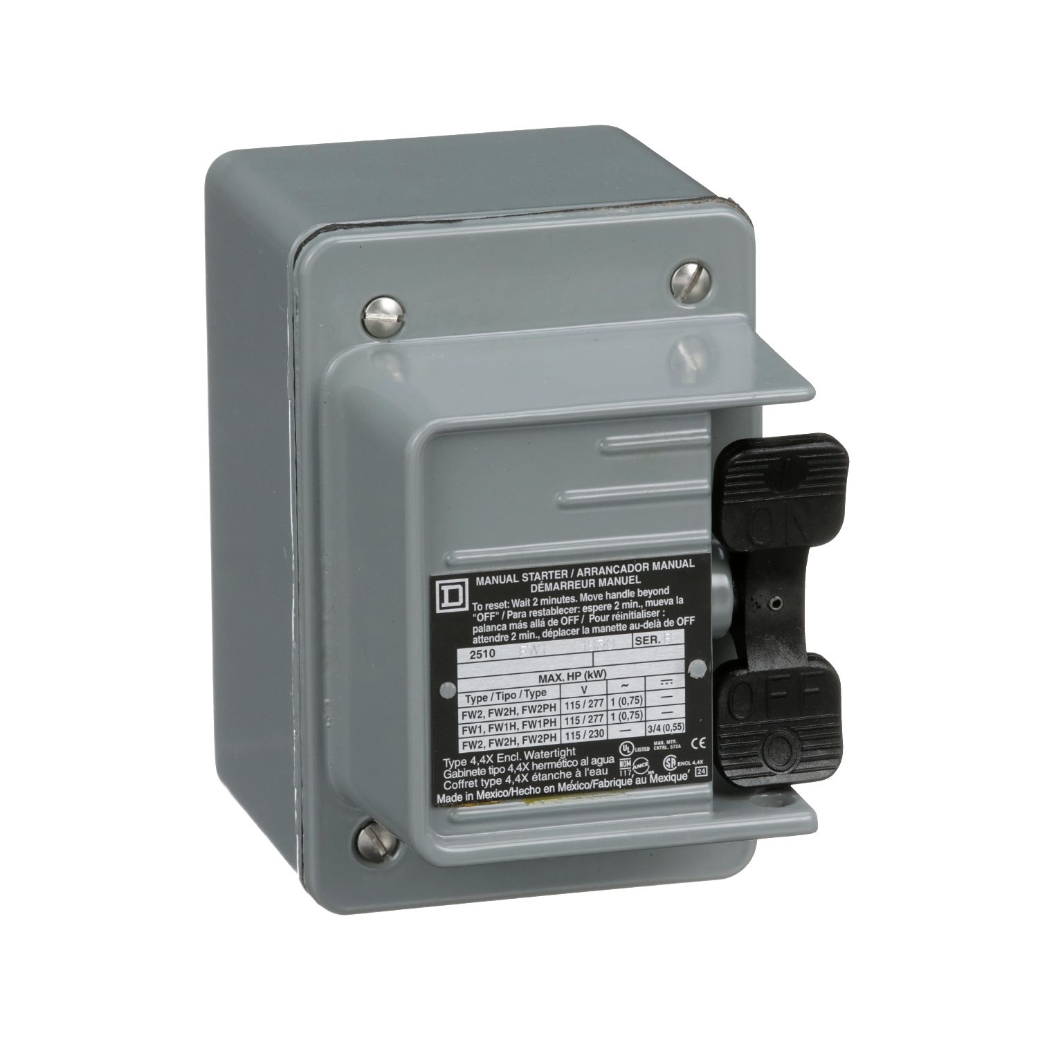 Picture of Manual starter, fractional horsepower, 16A, 2 poles, 1HP at 277VAC, no indicator, NEMA 4 enclosure, 1 conduit opening