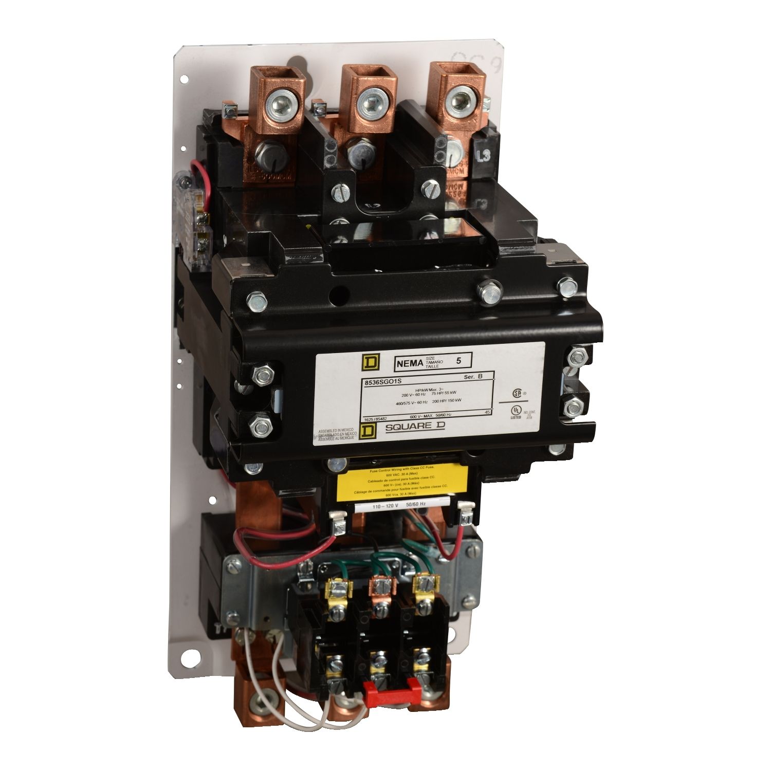 Picture of NEMA motor starter, Type S, nonreversing, Size 5, 270A, 200HP at 460VAC, 10kA SSCR, 3 phase, 3 pole, melting alloy, 120VAC coil, open