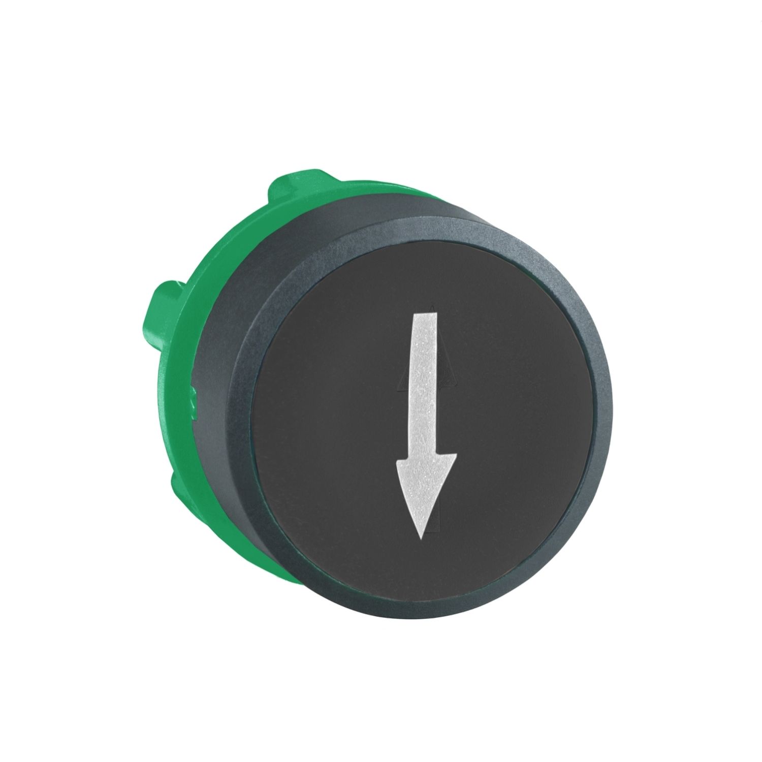 Picture of Push button head, Harmony XB5, plastic, flush, black, 22mm, spring return, marked DOWN ARROW