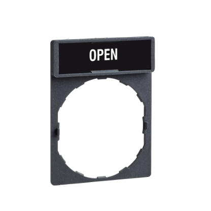 Picture of Marked legend, Harmony XAC, nameplate, 30 x 40mm, plastic, black, 22mm push button, white marked OPEN